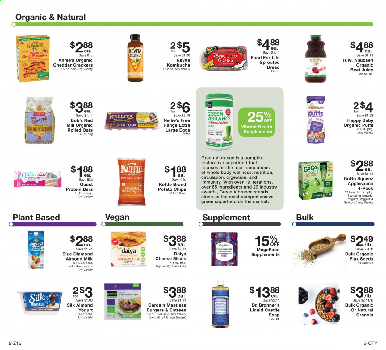 thumbnail - Fairway Market Flyer - 03/19/2021 - 03/25/2021 - Sales products - bread, puffs, cake, coconut, pizza, hamburger, Annie's, sliced cheese, cheddar, cheese, yoghurt, almond milk, large eggs, beans, chocolate, crackers, potato chips, chips, oats, granola, rolled oats, protein bar, apple sauce, Blue Diamond, juice, kombucha, KeVita, pineapple. Page 5.