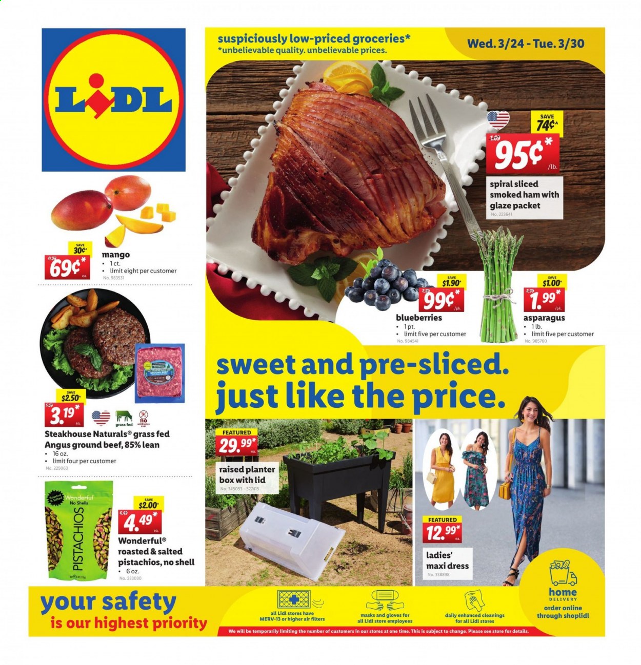 thumbnail - Lidl Flyer - 03/24/2021 - 03/30/2021 - Sales products - blueberries, ham, smoked ham, mango, pistachios, beef meat, ground beef, box with lids, dress, gloves, planter box, Shell. Page 1.