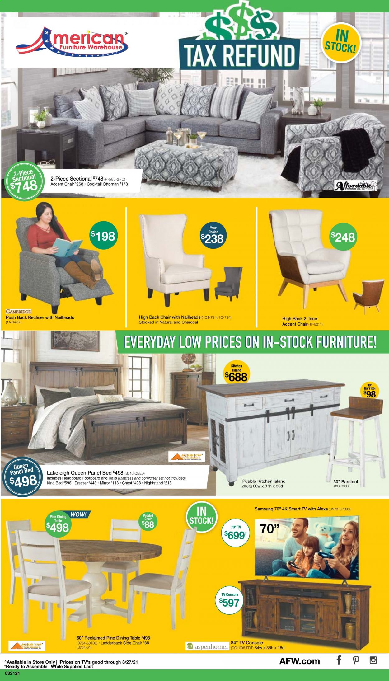 thumbnail - American Furniture Warehouse Flyer - 03/21/2021 - 03/27/2021 - Sales products - dining table, table, side chair, chair, bar stool, 2-piece sectional, accent chair, recliner chair, ottoman, bed, king bed, headboard, mattress, dresser, nightstand, mirror, comforter, charcoal. Page 1.