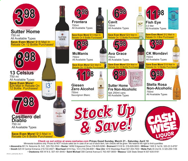 thumbnail - Cash Wise Liquor Only Flyer - 03/21/2021 - 04/10/2021 - Sales products - alcohol, Sauvignon Blanc, liquor. Page 8.