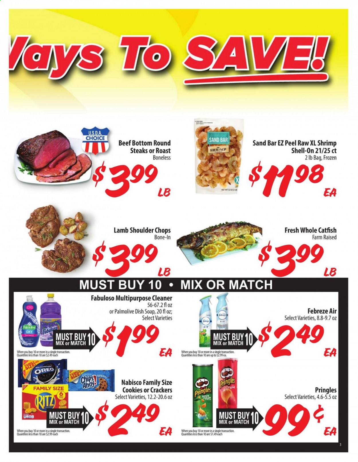 thumbnail - Food 4 Less Flyer - 03/24/2021 - 03/30/2021 - Sales products - catfish, shrimps, Oreo, sour cream, cookies, crackers, RITZ, Pringles, Lay’s, steak, lamb meat, lamb shoulder, Febreze, cleaner, Fabuloso, Palmolive, soap. Page 4.