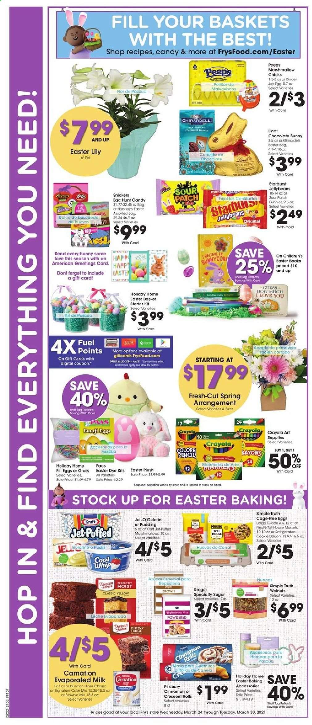 thumbnail - Fry’s Flyer - 03/24/2021 - 03/30/2021 - Sales products - brownie mix, crescent rolls, cake, Kraft®, pudding, evaporated milk, eggs, Cool Whip, Reese's, Hershey's, cookie dough, fudge, marshmallows, chocolate, Lindt, Snickers, chocolate bunny, Ghirardelli, Starburst, Sour Patch, Peeps, sugar, cinnamon, caramel, walnuts, Jet, Guess, basket, crayons, pencil, book, cage, gelatin. Page 4.