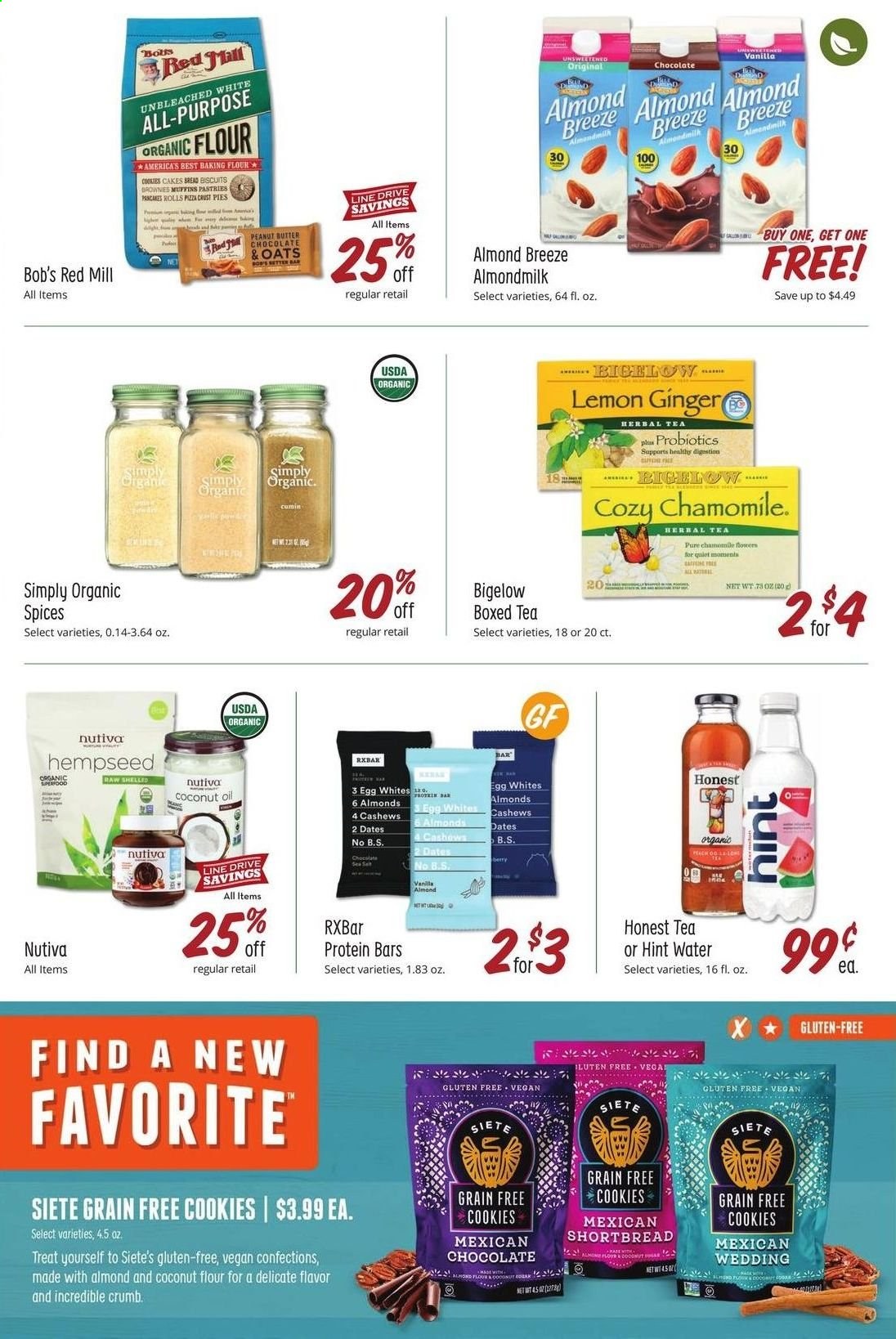 thumbnail - Sprouts Flyer - 03/24/2021 - 03/30/2021 - Sales products - bread, cake, muffin, ginger, pizza, Almond Breeze, almond milk, eggs, cookies, chocolate, biscuit, coconut flour, flour, almond flour, protein bar, cumin, coconut oil, peanuts, dried dates, tea, herbal tea, Moments, probiotics. Page 7.