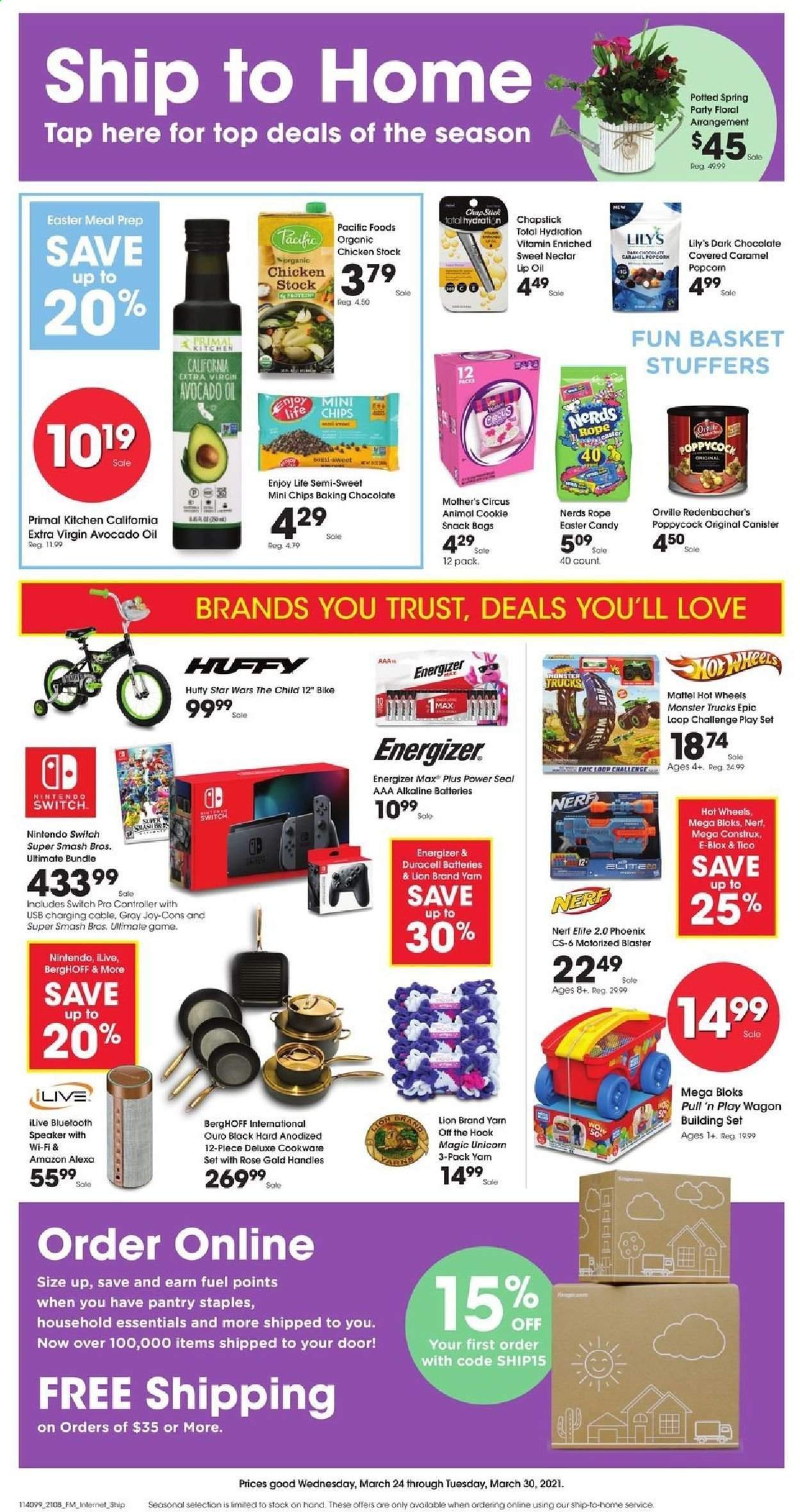 thumbnail - Fry’s Flyer - 03/24/2021 - 03/30/2021 - Sales products - Nintendo Switch, Trust, chocolate, dark chocolate, chips, caramel, avocado oil, extra virgin olive oil, Monster, Joy, basket, hook, cookware set, canister, battery, Duracell, Energizer, alkaline batteries, Nerf, Primal, speaker. Page 1.