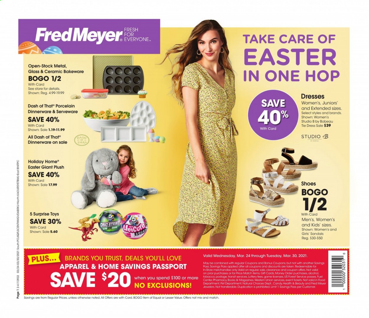 thumbnail - Fred Meyer Flyer - 03/24/2021 - 03/30/2021 - Sales products - Trust, alcohol, dinnerware set, serveware, bakeware, book, toys. Page 1.