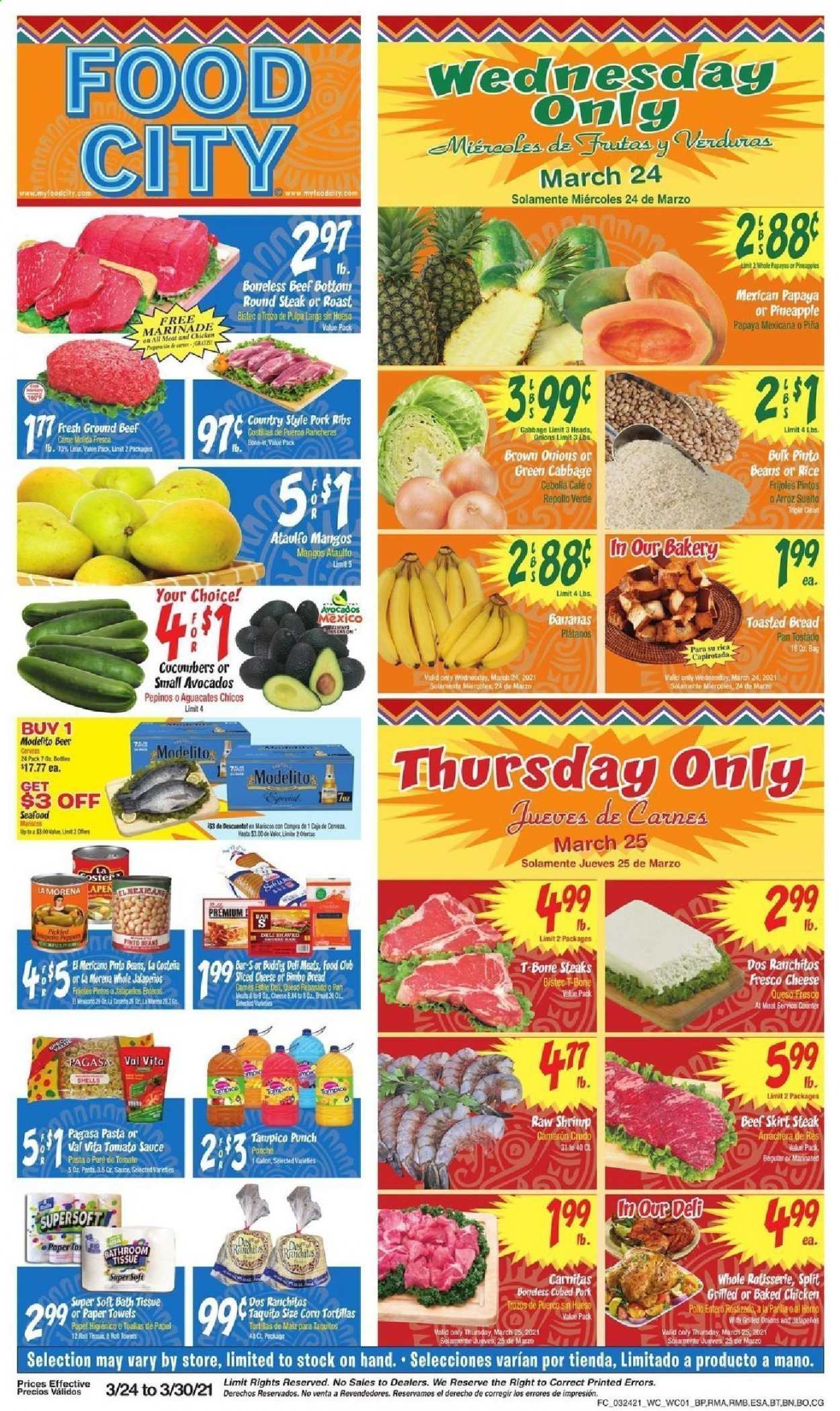 thumbnail - Food City Flyer - 03/24/2021 - 03/30/2021 - Sales products - papaya, bread, tortillas, tostadas, seafood, sauce, taquitos, sliced cheese, queso fresco, beans, mango, cucumber, rice, pinto beans, pasta, marinade, tomato sauce, punch, beer, beef meat, ground beef, t-bone steak, steak, round steak, pork meat, pork ribs, avocado. Page 1.