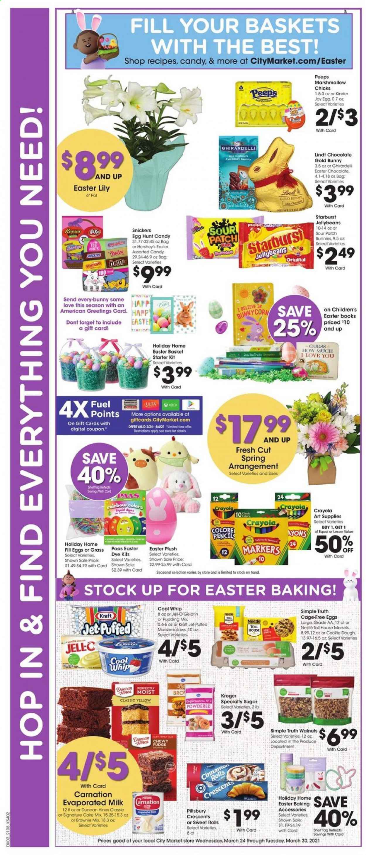 thumbnail - City Market Flyer - 03/24/2021 - 03/30/2021 - Sales products - brownie mix, cake mix, cinnamon roll, Pillsbury, Kraft®, pudding, evaporated milk, eggs, Cool Whip, Reese's, Hershey's, cookie dough, fudge, marshmallows, Nestlé, chocolate, Lindt, Kinder Joy, Snickers, Twix, Ghirardelli, Starburst, sour patch, Peeps, sugar, Jell-O, caramel, walnuts, Joy, Jet, Guess, basket, pot, baking accessories, crayons, pencil, cage, plush toy. Page 1.