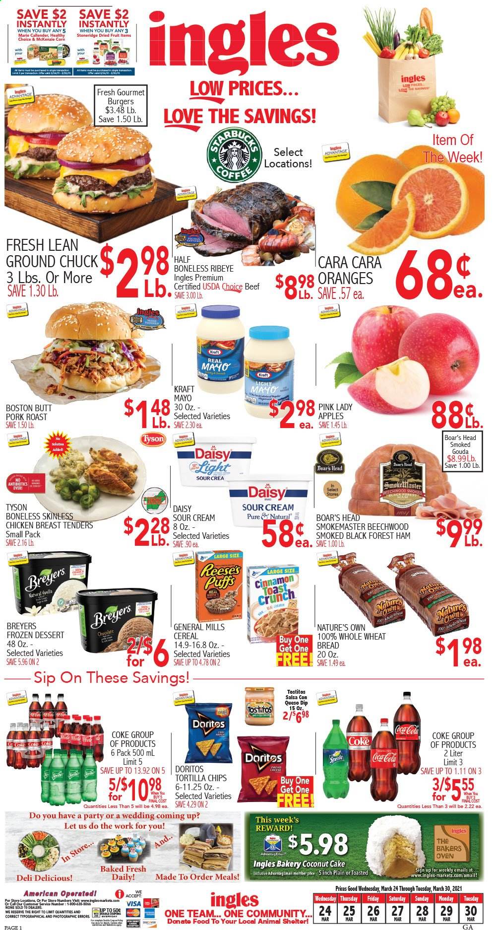 thumbnail - Ingles Flyer - 03/24/2021 - 03/30/2021 - Sales products - wheat bread, toast bread, puffs, cake, apples, oranges, coconut, hamburger, Kraft®, ham, gouda, sour cream, mayonnaise, salsa, dip, Reese's, corn, Doritos, tortilla chips, Tostitos, cereals, cinnamon, dried fruit, Coca-Cola, Sprite, chicken breasts, ground chuck, pork meat, pork roast, Nature's Own. Page 1.