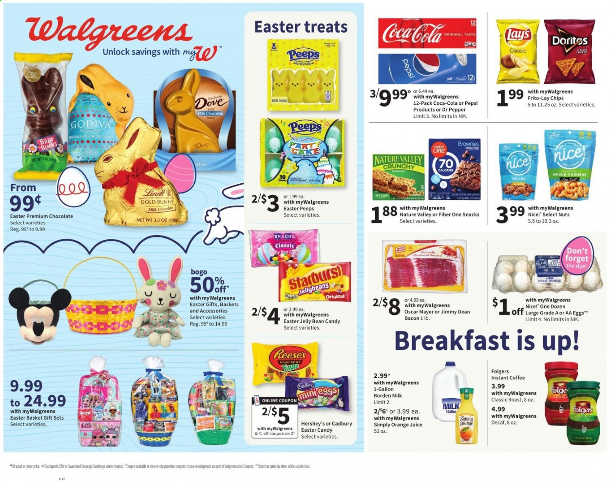 thumbnail - Walgreens Flyer - 03/28/2021 - 04/03/2021 - Sales products - Jimmy Dean, bacon, Oscar Mayer, cheese, Reese's, Hershey's, marshmallows, milk chocolate, chocolate, Lindt, Godiva, Cadbury, chocolate bunny, Starburst, Peeps, chips, snack, Lay’s, Frito-Lay, Nice!, jelly, Nature Valley, Fiber One, peanut butter, cashews, pecans, Coca-Cola, Pepsi, orange juice, juice, Dr. Pepper, instant coffee, Folgers, Dove. Page 1.