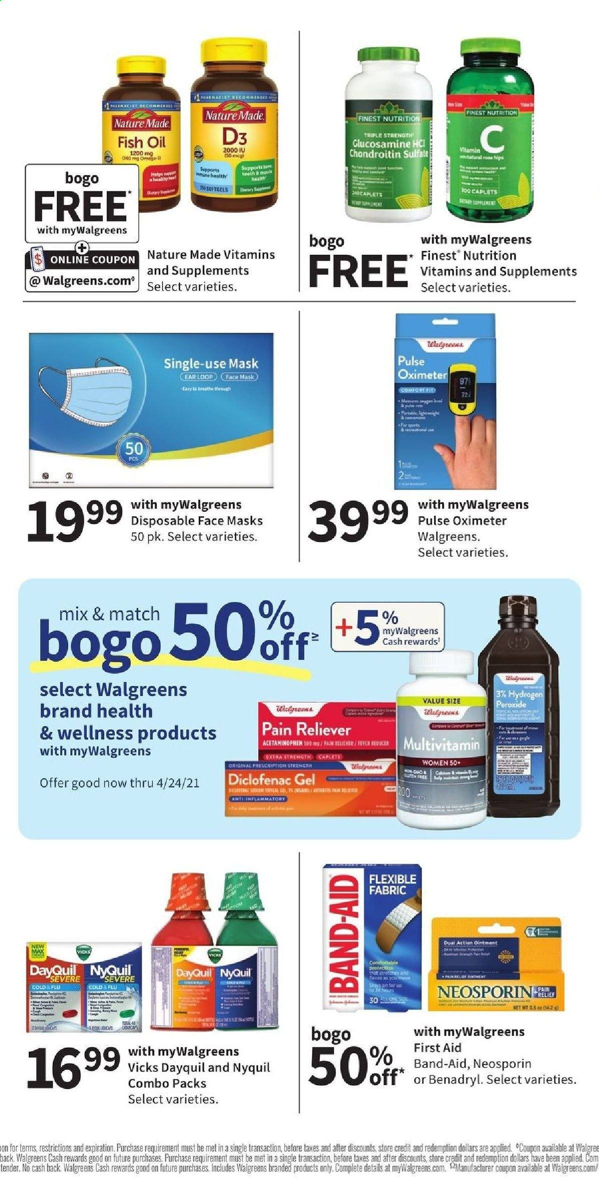 thumbnail - Walgreens Flyer - 03/28/2021 - 04/03/2021 - Sales products - ointment, Vicks, DayQuil, multivitamin, Nature Made, Neosporin, NyQuil, vitamin D3, face mask, pulse oximeter. Page 3.