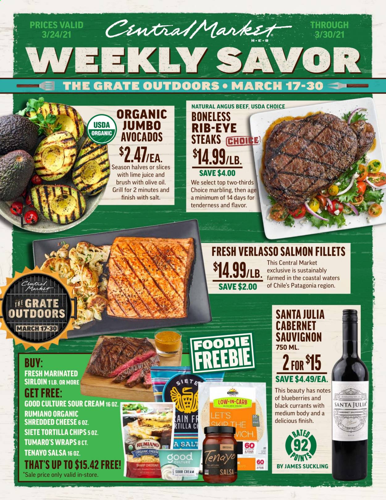 thumbnail - Central Market Flyer - 03/24/2021 - 03/30/2021 - Sales products - blueberries, salmon, salmon fillet, shredded cheese, sour cream, salsa, Santa, tortilla chips, chips, olive oil, currants, Cabernet Sauvignon, beef meat, steak, brush, avocado. Page 1.