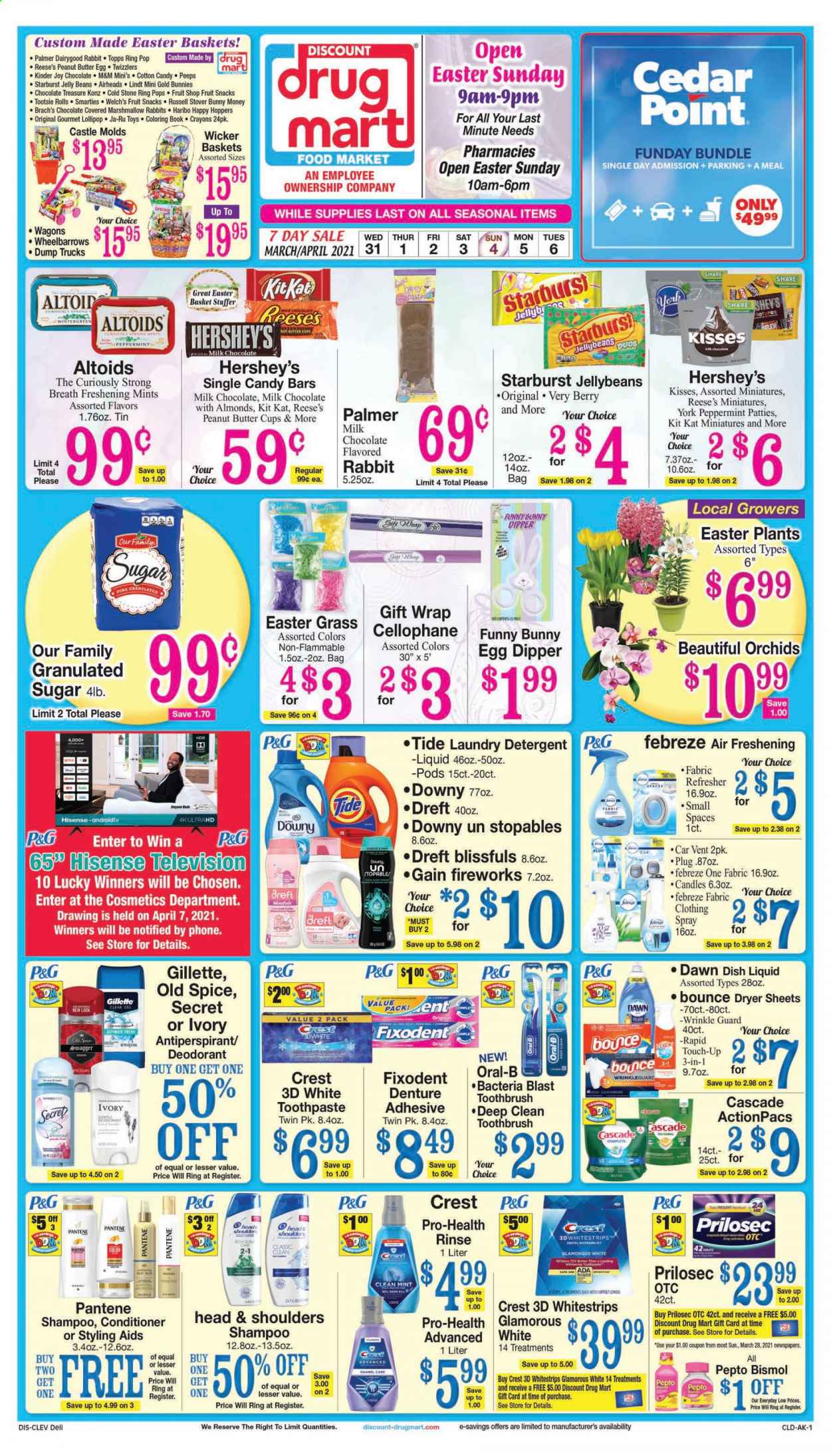thumbnail - Discount Drug Mart Flyer - 03/31/2021 - 04/06/2021 - Sales products - Welch's, eggs, Reese's, Hershey's, marshmallows, milk chocolate, Haribo, Lindt, Kinder Joy, KitKat, M&M's, AirHeads, cotton candy, lollipop, jelly beans, peanut butter cups, fruit snack, Starburst, Peeps, granulated sugar, sugar, nut butter, almonds, Castle, detergent, Febreze, Gain, Cascade, Tide, laundry detergent, Bounce, dryer sheets, Gain Fireworks, dishwashing liquid, Joy, shampoo, Old Spice, toothbrush, Oral-B, toothpaste, Fixodent, Crest, conditioner, refresher, Head & Shoulders, Pantene, anti-perspirant, deodorant, Gillette, basket, gift wrap, candle, book, rabbit, Android TV, Hisense. Page 1.