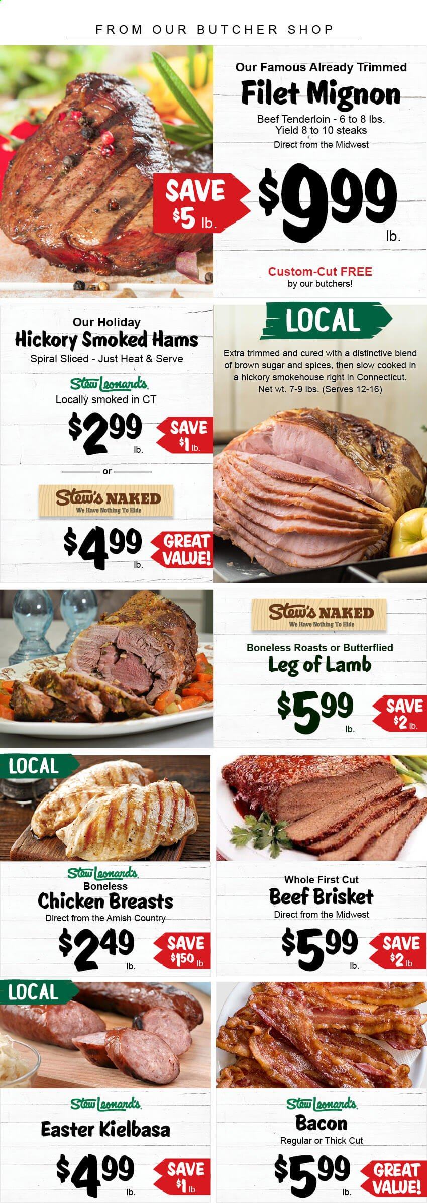 thumbnail - Stew Leonard's Flyer - 03/24/2021 - 03/30/2021 - Sales products - chicken breasts, beef meat, steak, beef tenderloin, beef brisket, lamb leg, bacon, cane sugar. Page 1.