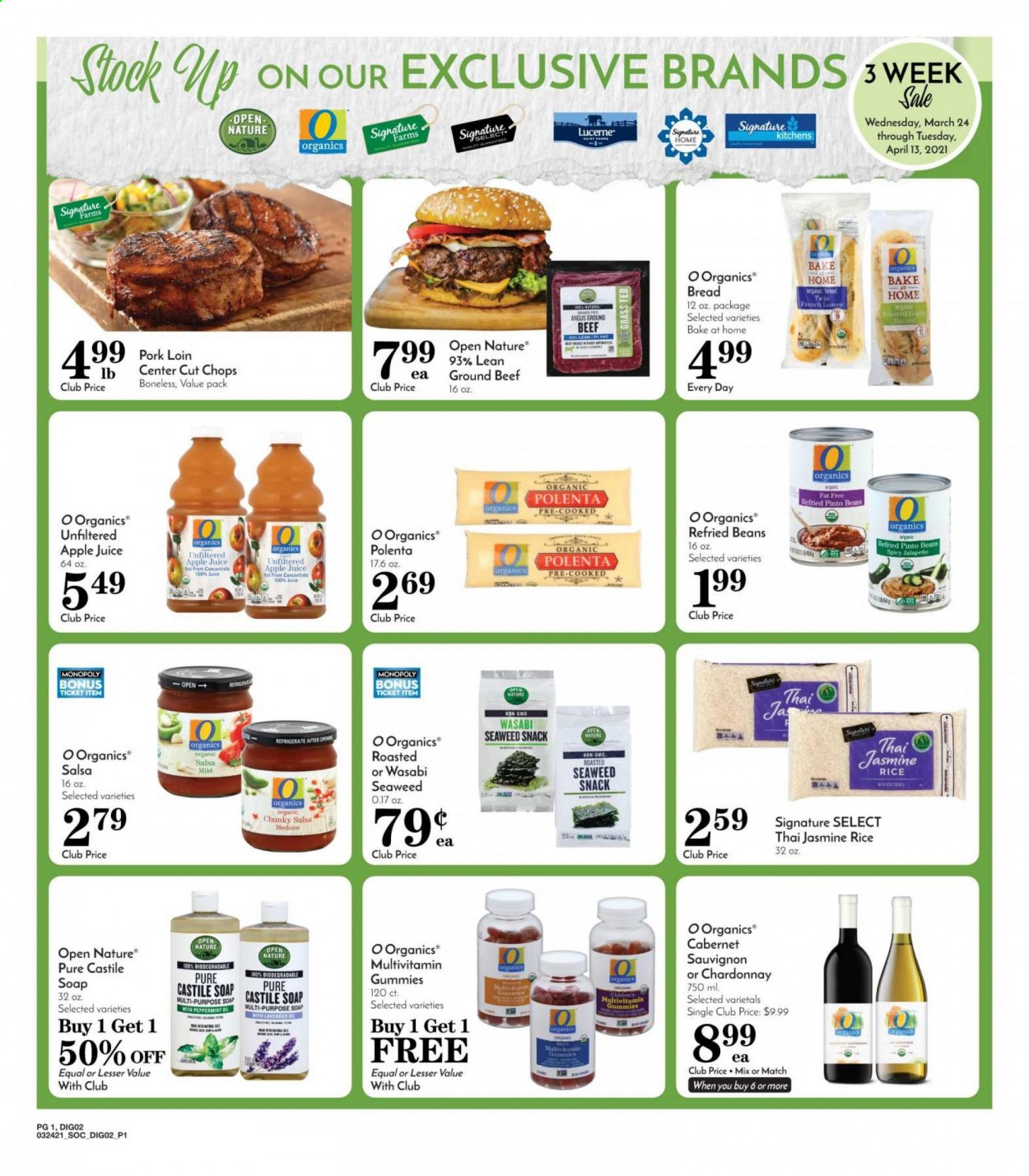 thumbnail - Pavilions Flyer - 03/24/2021 - 04/13/2021 - Sales products - bread, beans, salsa, snack, seaweed, refried beans, polenta, rice, pinto beans, jasmine rice, wasabi, apple juice, juice, Cabernet Sauvignon, Chardonnay, wine, beef meat, ground beef, pork loin, pork meat, soap, multivitamin. Page 1.