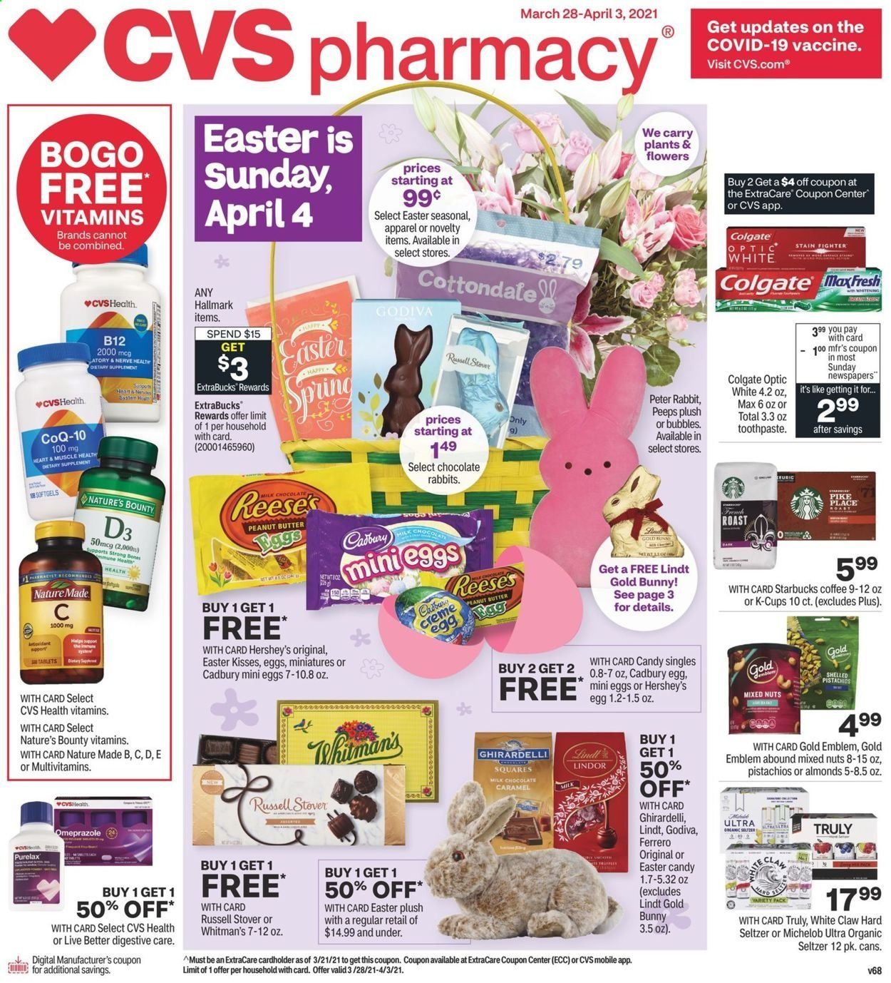 thumbnail - CVS Pharmacy Flyer - 03/28/2021 - 04/03/2021 - Sales products - Reese's, Hershey's, milk chocolate, chocolate, Lindt, Lindor, Ferrero Rocher, Bounty, Godiva, Cadbury, Digestive, Ghirardelli, Peeps, almonds, pistachios, mixed nuts, seltzer water, coffee, Starbucks, coffee capsules, K-Cups, White Claw, Hard Seltzer, TRULY, Colgate, toothpaste, Purelax, plush toy, multivitamin, Nature Made, Nature's Bounty, vitamin D3, beer, Michelob. Page 1.