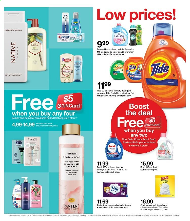 thumbnail - Target Flyer - 03/28/2021 - 04/03/2021 - Sales products - puffs, coconut, Boost, tissues, detergent, Gain, Tide, Unstopables, Persil, fabric softener, laundry detergent, Gain Fireworks, shampoo, Crest, Pantene, Venus, trash bags, bag. Page 31.