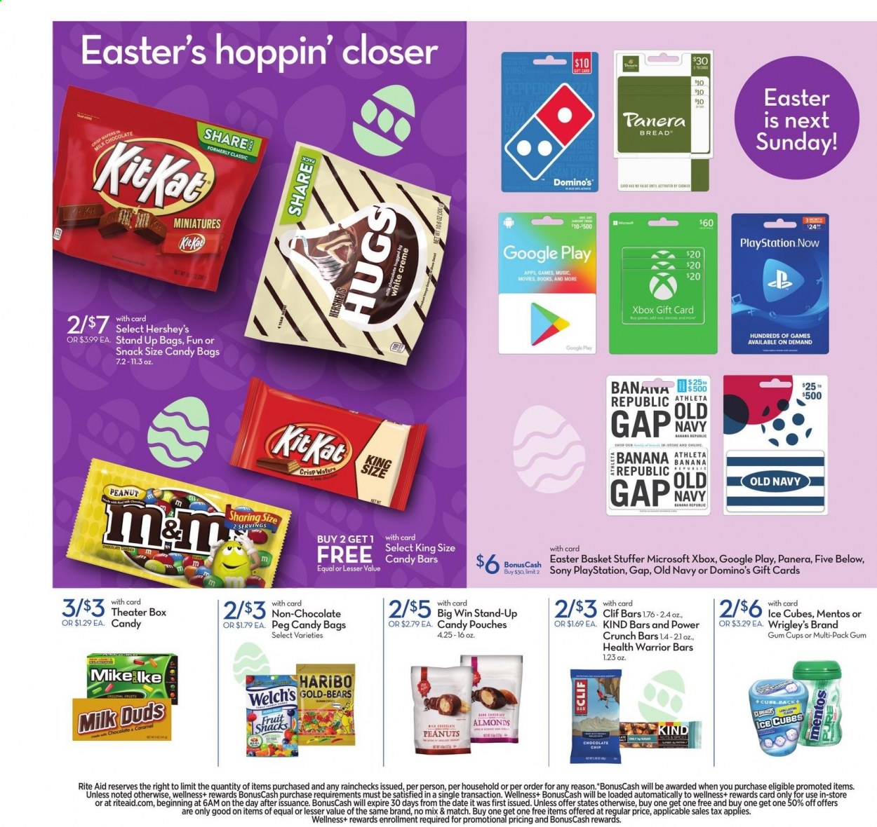 thumbnail - RITE AID Flyer - 03/28/2021 - 04/03/2021 - Sales products - Athleta, Welch's, Hershey's, ice cubes, wafers, chocolate, Mentos, Milk Duds, Haribo, snack, caramel, almonds, peanuts, cup, Sony, bag. Page 15.