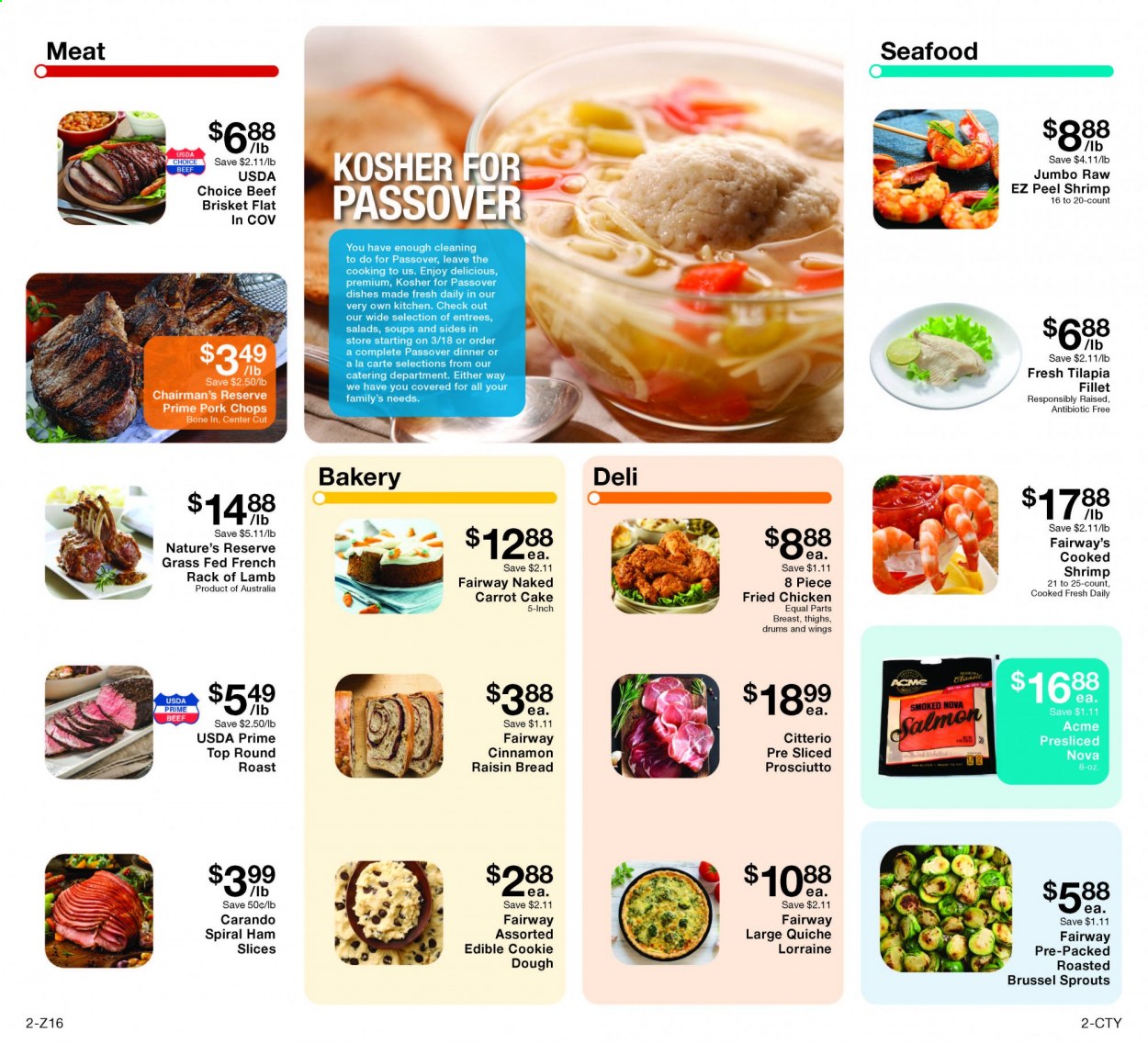 thumbnail - Fairway Market Flyer - 03/26/2021 - 04/01/2021 - Sales products - bread, cake, salmon, tilapia, seafood, shrimps, fried chicken, ham, prosciutto, spiral ham, brussel sprouts, quiche, raisins, beef meat, round roast, beef brisket, pork chops, pork meat, lamb meat, rack of lamb. Page 2.