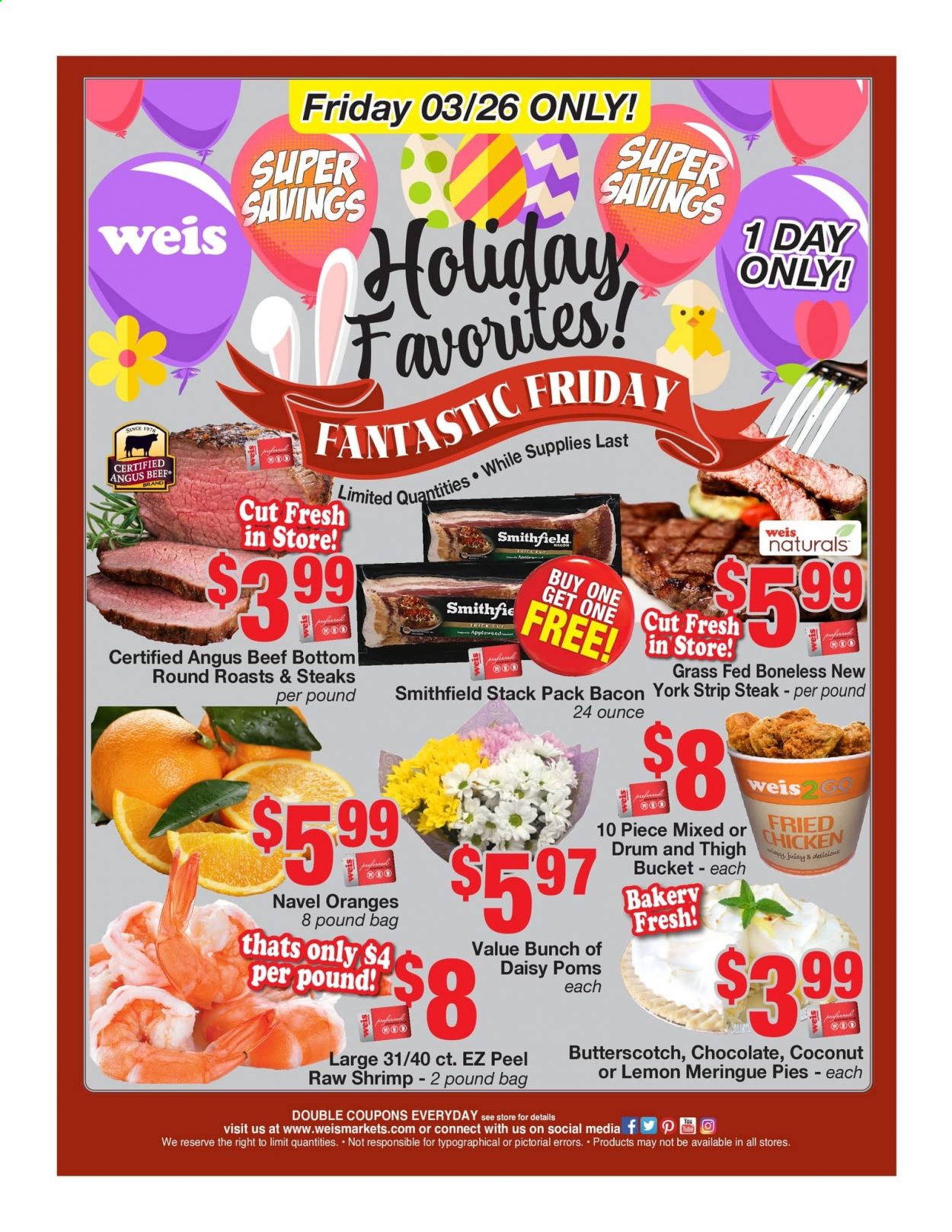 thumbnail - Weis Flyer - 03/26/2021 - 03/26/2021 - Sales products - oranges, coconut, beef meat, steak, striploin steak, shrimps, fried chicken, bacon, butterscotch, chocolate. Page 1.
