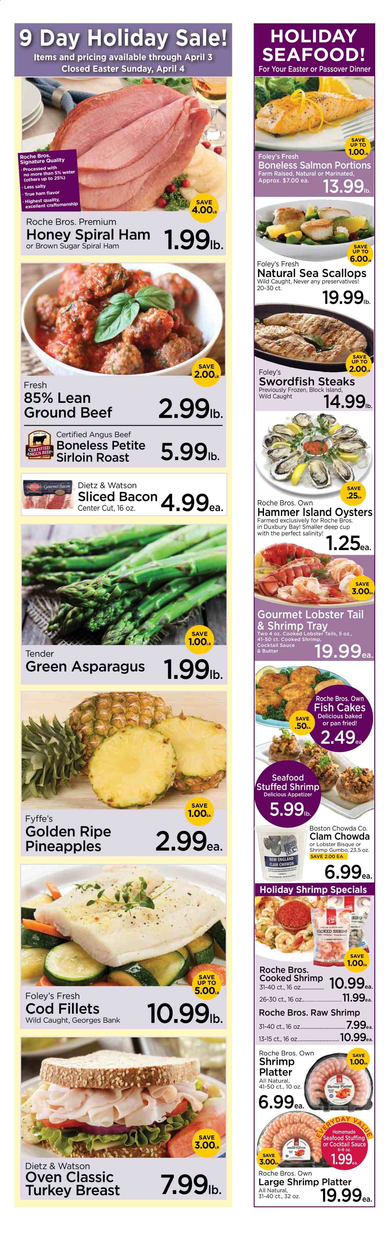 thumbnail - Roche Bros. Flyer - 03/26/2021 - 04/03/2021 - Sales products - bread, brownie mix, cupcake, pie, tart, Angel Food, fruit tart, coconut, clams, cod, lobster, salmon, scallops, oysters, seafood, fish, lobster tail, shrimps, Pillsbury, Barilla, bacon, ham, spiral ham, Dietz & Watson, shredded cheese, Sargento, custard, pudding, evaporated milk, condensed milk, eggs, fish cake, cookies, Nestlé, chocolate, Celebration, crackers, Kellogg's, Ghirardelli, Keebler, potato chips, all purpose flour, cocoa, Crisco, flour, frosting, granulated sugar, pie crust, Jell-O, vanilla extract, baking chips, cereals, pasta, nutmeg, cocktail sauce, canola oil, cooking spray, honey, peanut butter, raisins, walnuts, pistachios, Coca-Cola, Anisette, turkey breast, beef meat, ground beef, steak, Joy, Nutrish, hyacinth, tulip, bouquet, gelatin, pineapple. Page 2.