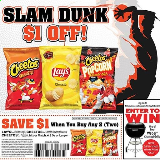 thumbnail - Commissary Flyer - Sales products - cheese, potato chips, Cheetos, chips, snack, Lay’s, popcorn. Page 1.