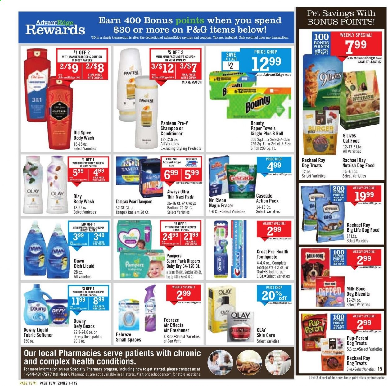 thumbnail - Price Chopper Flyer - 03/28/2021 - 04/03/2021 - Sales products - hamburger, milk, Bounty, Pampers, kitchen towels, paper towels, Febreze, Cascade, Unstopables, fabric softener, dishwashing liquid, body wash, shampoo, Old Spice, toothbrush, toothpaste, Crest, Tampax, Always pads, sanitary pads, tampons, Olay, conditioner, Pantene, air freshener, animal food, cat food, dog food, dog biscuits, Pup-Peroni, Nutrish. Page 16.