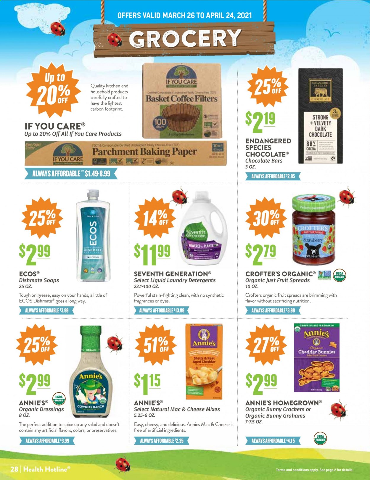 thumbnail - Natural Grocers Flyer - 03/26/2021 - 04/24/2021 - Sales products - macaroni & cheese, Annie's, graham crackers, chocolate, crackers. Page 28.