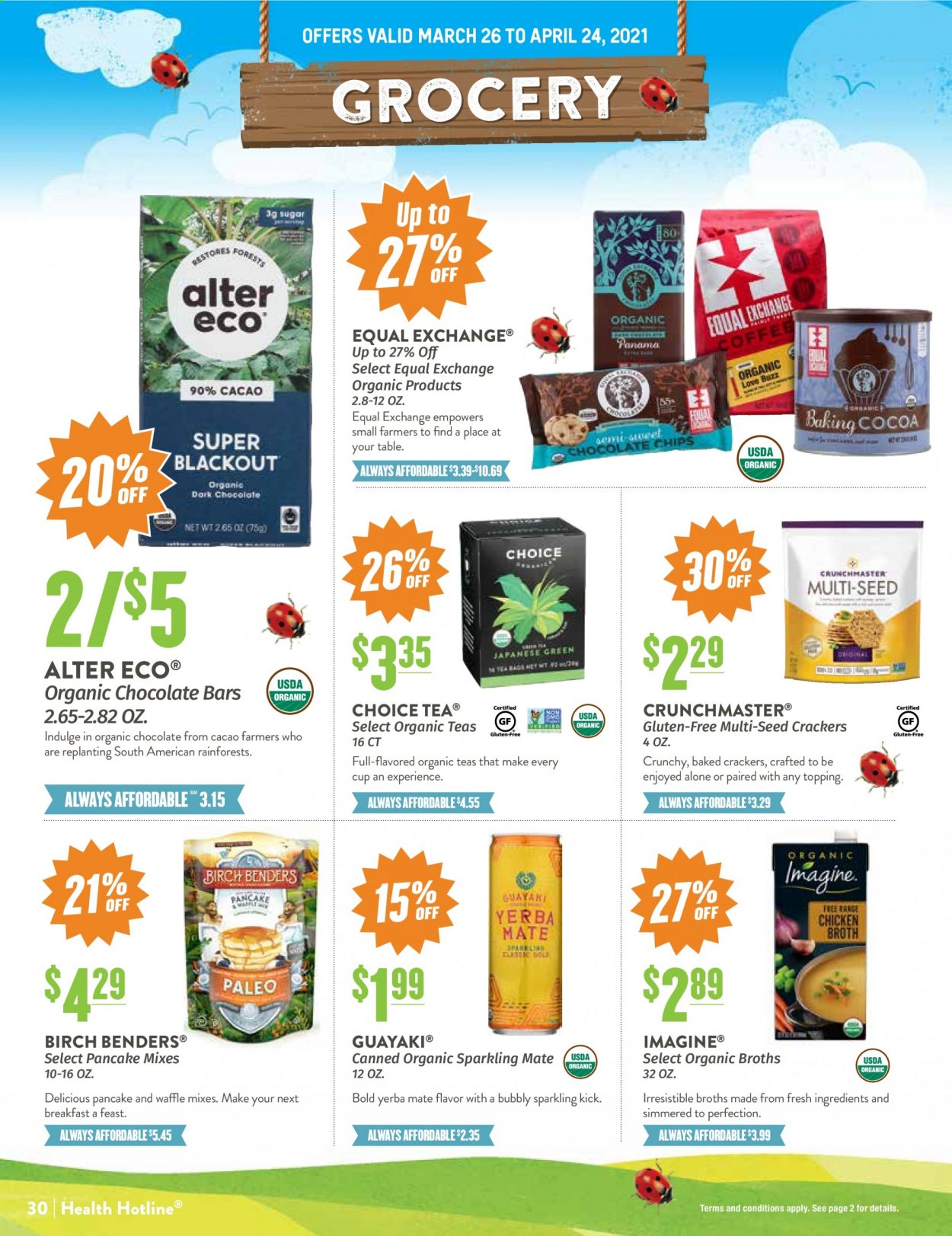 thumbnail - Natural Grocers Flyer - 03/26/2021 - 04/24/2021 - Sales products - crackers, cocoa, chicken broth, broth, tea, organic coffee, Sol. Page 30.