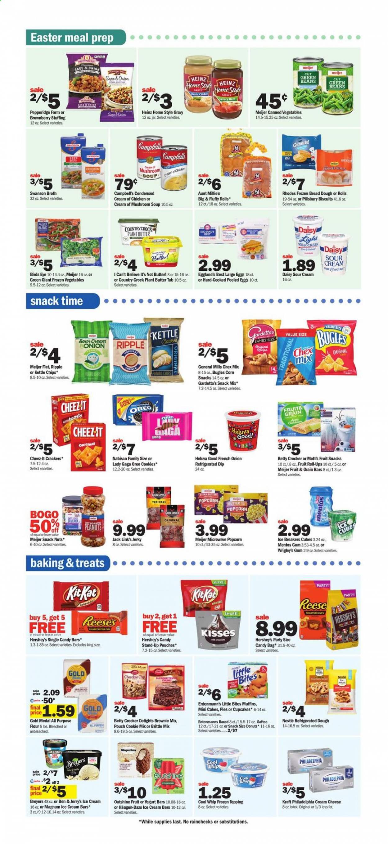 thumbnail - Meijer Flyer - 03/28/2021 - 04/03/2021 - Sales products - mushrooms, bread, brownie mix, cupcake, cake, donut, muffin, Entenmann's, Little Bites, bread dough, beans, Campbell's, cream cheese, mushroom soup, soup, Pillsbury, Bird's Eye, fajita, Kraft®, jerky, Philadelphia, cheese, Oreo, yoghurt, large eggs, butter, I Can't Believe It's Not Butter, Cool Whip, sour cream, dip, ice cream, ice cream bars, Reese's, Hershey's, Häagen-Dazs, Ben & Jerry's, ice cubes, frozen vegetables, green beans, cookies, Nestlé, Mentos, crackers, biscuit, fruit snack, popcorn, Cheez-It, Jack Link's, Chex Mix, all purpose flour, flour, topping, broth, Heinz, canned vegetables, Mott's, cup, jar, Apple, kettle. Page 4.