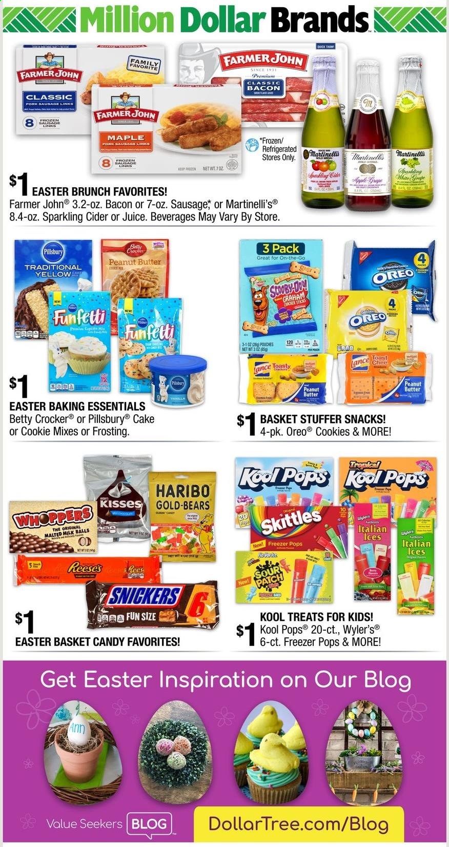 thumbnail - Dollar Tree Flyer - 03/28/2021 - 04/04/2021 - Sales products - toast bread, cake, Pillsbury, bacon, sausage, Oreo, Reese's, cookies, Haribo, Snickers, Skittles, snack, frosting, pork sausage, peanut butter, juice, sparkling cider, apple cider, basket. Page 3.