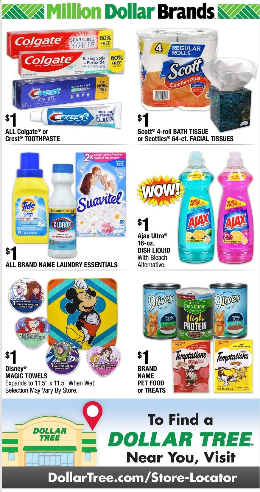 thumbnail - Dollar Tree Flyer - 03/28/2021 - 04/04/2021 - Sales products - bicarbonate of soda, Disney, bath tissue, Clorox, Ajax, Tide, bleach, laundry detergent, dishwashing liquid, Colgate, toothpaste, Crest, facial tissues, fragrance, eraser, towel, Dog Chow, Purina, 9lives, Scott. Page 4.