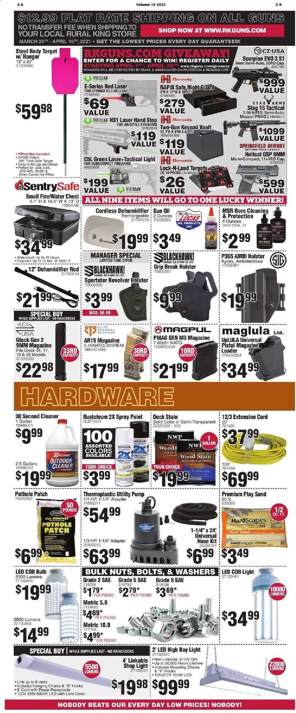 thumbnail - Rural King Flyer - 03/28/2021 - 04/10/2021 - Sales products - oil, hook, hanger, bulb, Honor, lens, Beats, Hewlett Packard, adapter, cap, glock, rifle, Springfield Armory, gun, holster, pistol, steel target, Magpul, shop light, extension cord, washers, pump, spray paint, cleaner. Page 2.