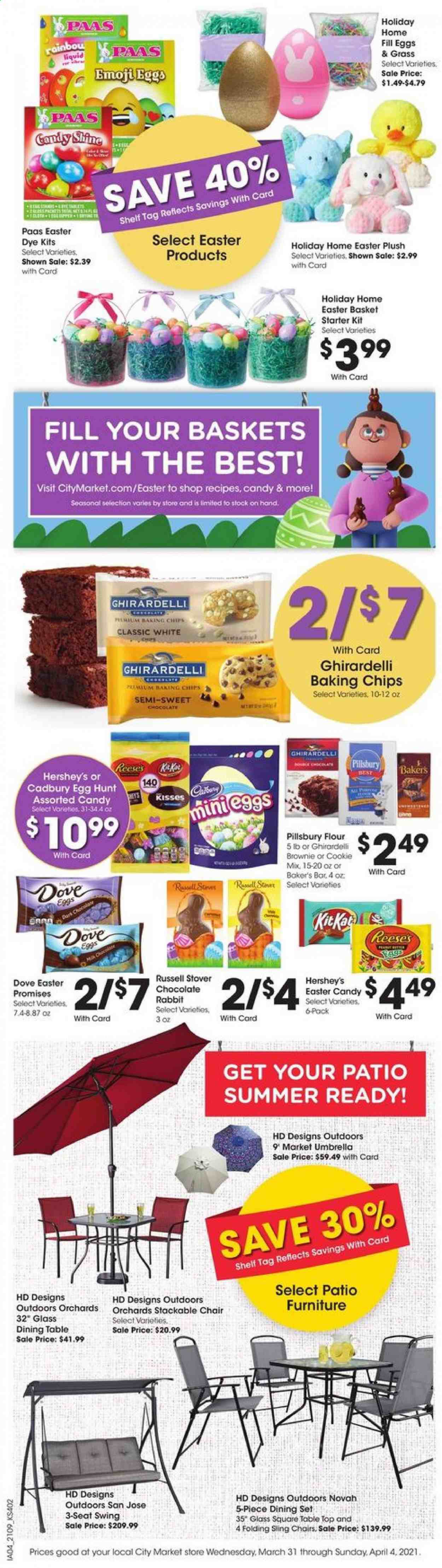 thumbnail - City Market Flyer - 03/31/2021 - 04/04/2021 - Sales products - brownies, Pillsbury, eggs, Reese's, Hershey's, cookies, chocolate, Cadbury, Ghirardelli, flour, baking chips, Dove, basket, rabbit, plush toy. Page 1.