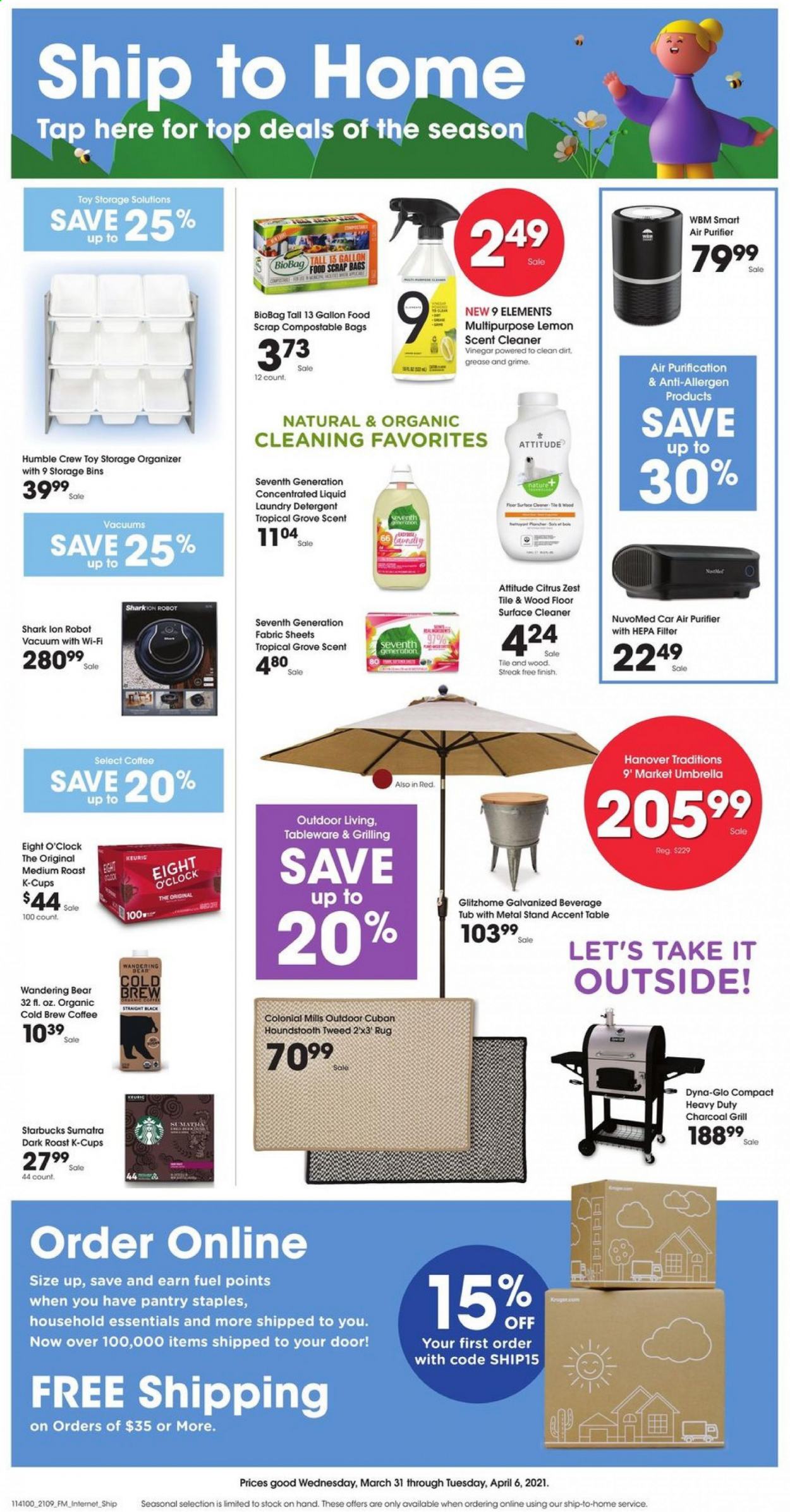 thumbnail - Baker's Flyer - 03/31/2021 - 04/06/2021 - Sales products - vinegar, coffee, Starbucks, coffee capsules, K-Cups, Keurig, Eight O'Clock, detergent, surface cleaner, cleaner, laundry detergent, tableware, air purifier, vacuum cleaner, table, gallon, robot, toys, grill. Page 1.
