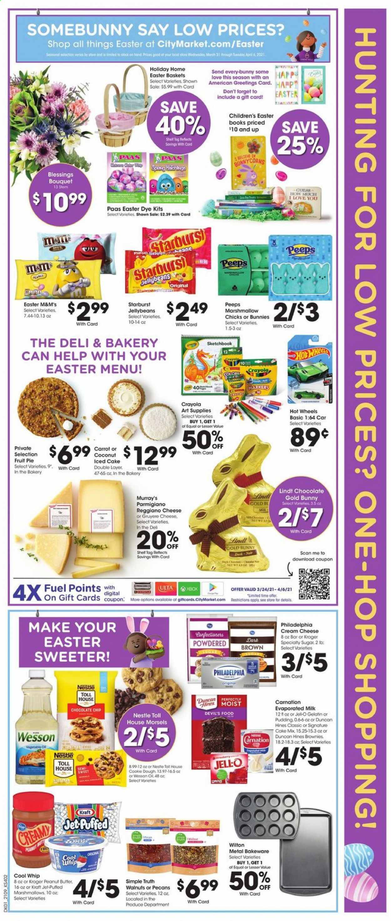 thumbnail - City Market Flyer - 03/31/2021 - 04/06/2021 - Sales products - cake mix, pie, brownies, coconut, cream cheese, Kraft®, Gruyere, Philadelphia, Parmigiano Reggiano, pudding, evaporated milk, Cool Whip, cookie dough, marshmallows, Nestlé, Lindt, M&M's, Starburst, Peeps, sugar, Jell-O, peanut butter, walnuts, pecans, Jet, Guess, basket, bakeware, crayons, sketch pad, Hot Wheels, bouquet, gelatin. Page 2.