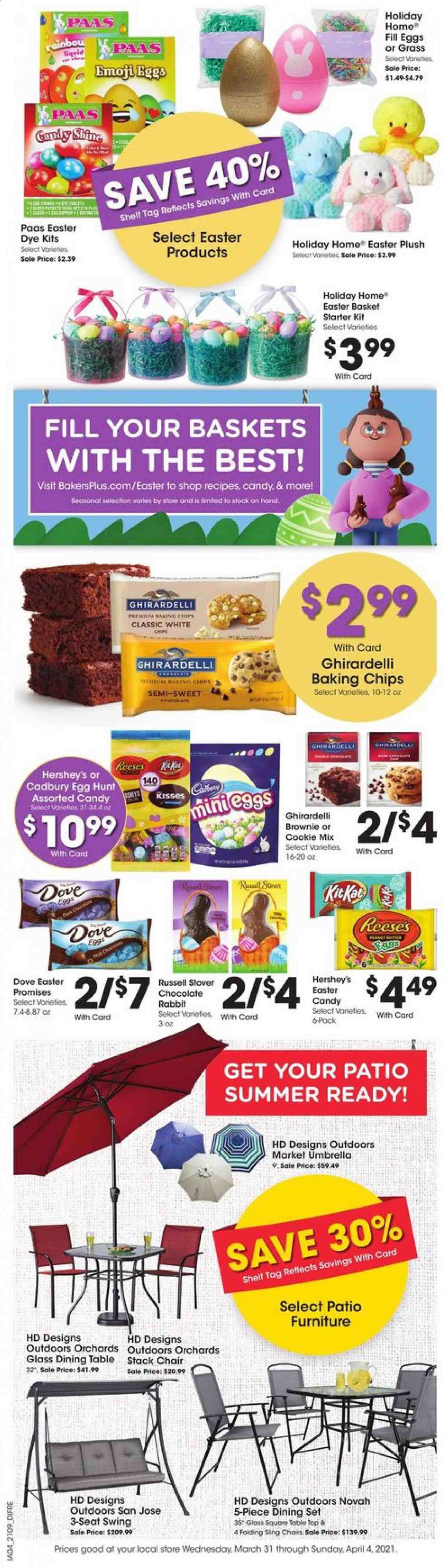 thumbnail - Baker's Flyer - 03/31/2021 - 04/04/2021 - Sales products - brownies, eggs, Reese's, Hershey's, cookies, chocolate, KitKat, Cadbury, Ghirardelli, baking chips, Dove, basket, rabbit, dining set, dining table, table, chair, plush toy. Page 1.