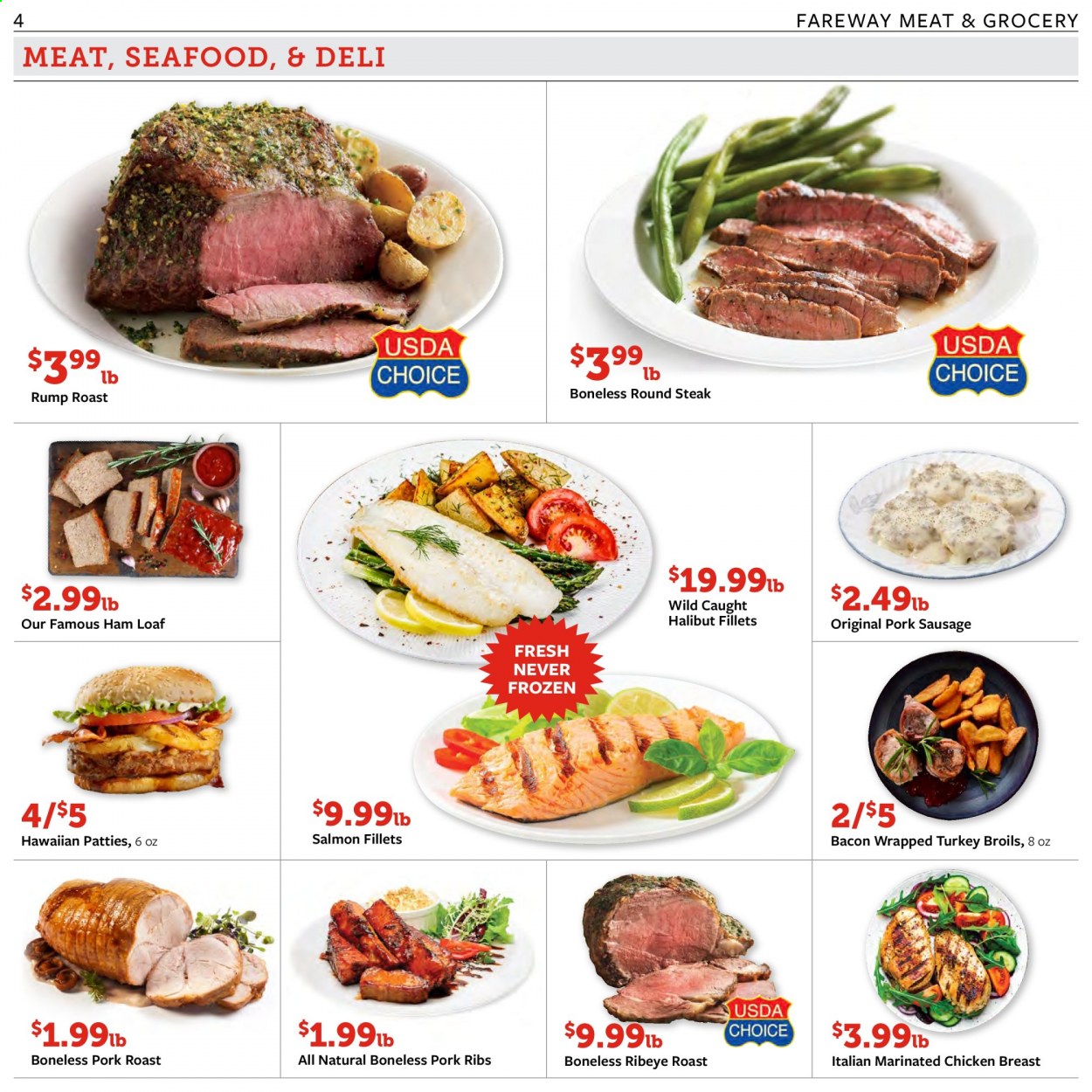thumbnail - Fareway Flyer - 03/30/2021 - 04/05/2021 - Sales products - salmon, salmon fillet, halibut, seafood, bacon, ham, sausage, pork sausage, chicken breasts, beef meat, steak, round steak, pork meat, pork ribs, pork roast. Page 4.