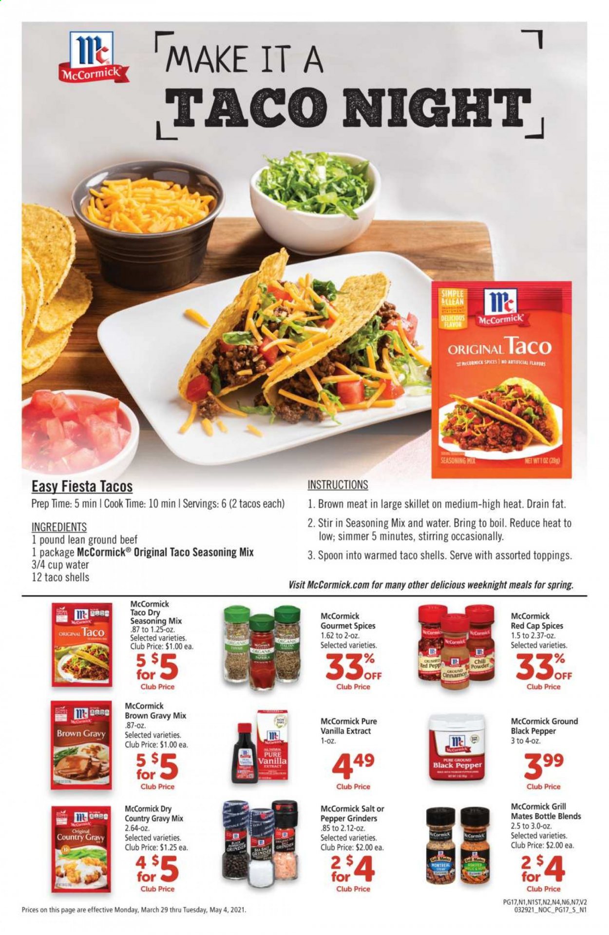 thumbnail - Safeway Flyer - 03/29/2021 - 05/04/2021 - Sales products - tacos, beef meat, ground beef, salt, vanilla extract, gravy mix, cinnamon. Page 17.