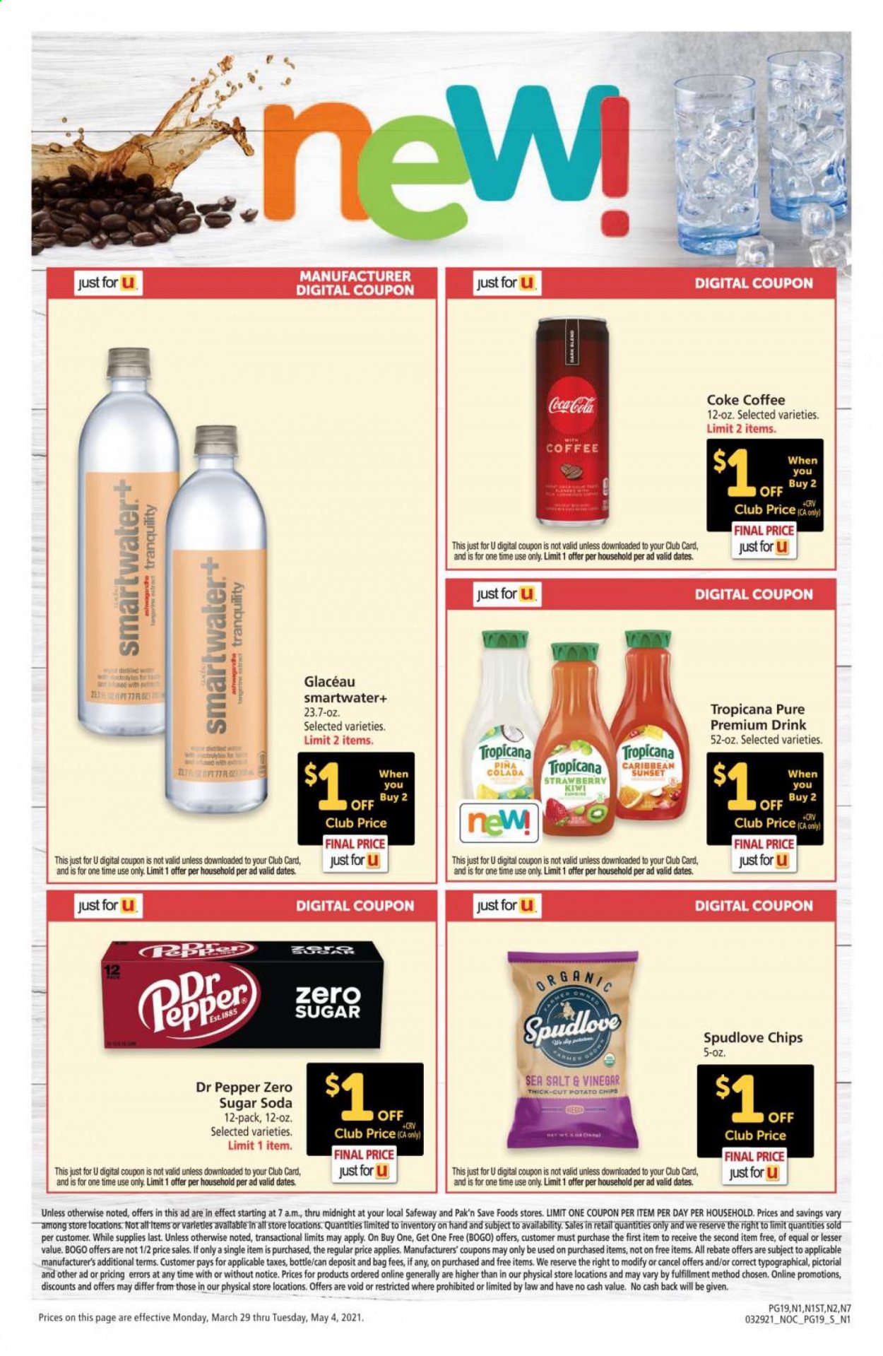 thumbnail - Safeway Flyer - 03/29/2021 - 05/04/2021 - Sales products - potato chips, chips, Coca-Cola, Dr. Pepper, Smartwater. Page 19.