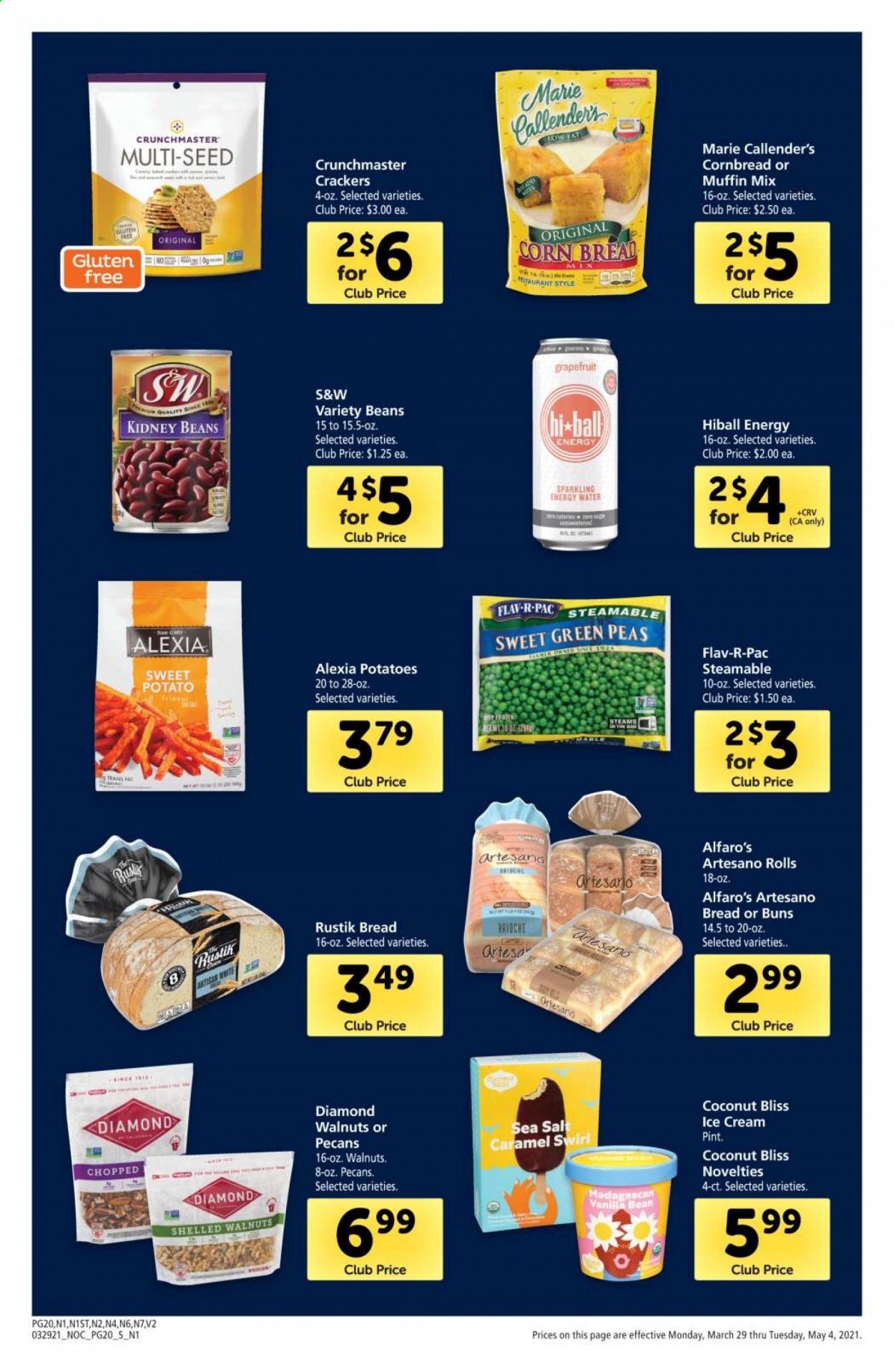 thumbnail - Safeway Flyer - 03/29/2021 - 05/04/2021 - Sales products - bread, corn bread, buns, sweet potato, potatoes, peas, grapefruits, Marie Callender's, ice cream, crackers, kidney beans, pecans. Page 20.