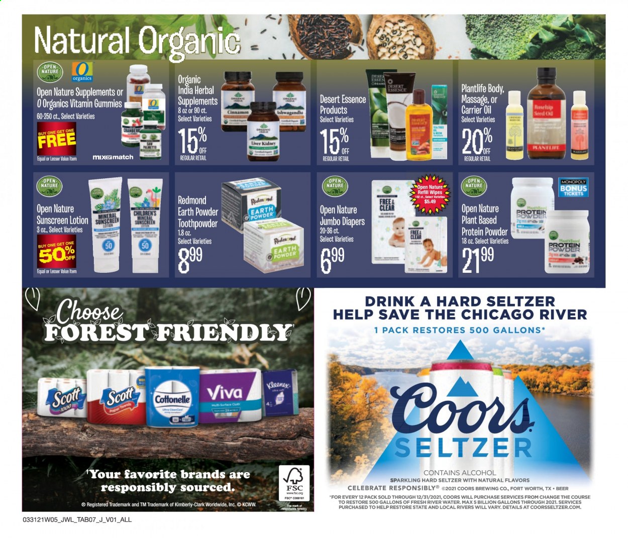 thumbnail - Jewel Osco Flyer - 03/31/2021 - 04/20/2021 - Sales products - Coors, cinnamon, oil, seltzer water, tea, alcohol, Hard Seltzer, beer, Kleenex, wipes, body lotion, sunscreen lotion, carrier oil, plant seeds, whey protein, tea tree oil. Page 7.