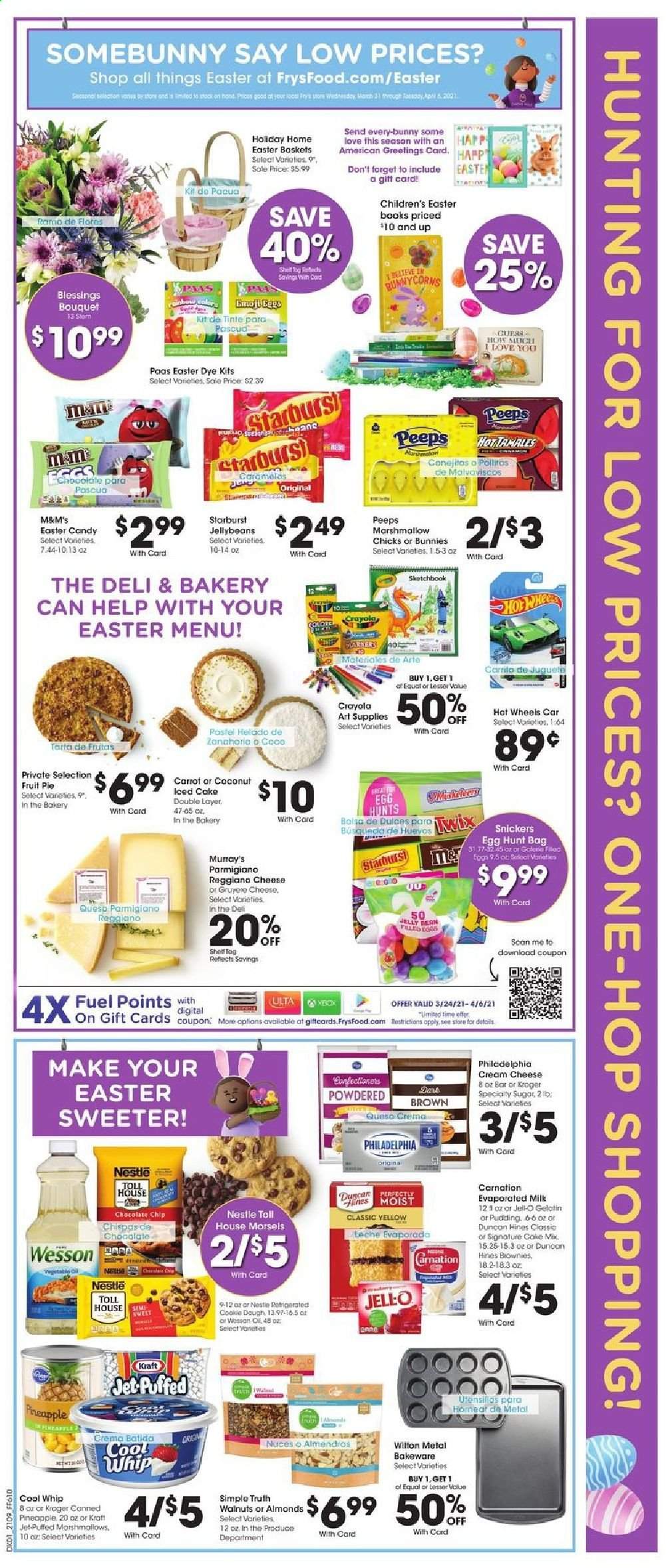 thumbnail - Fry’s Flyer - 03/31/2021 - 04/06/2021 - Sales products - cake, pie, brownies, coconut, Kraft®, Gruyere, Philadelphia, Parmigiano Reggiano, pudding, jelly, eggs, Cool Whip, cookie dough, marshmallows, Nestlé, Snickers, M&M's, Starburst, Peeps, sugar, Jell-O, almonds, walnuts, Coca-Cola, Jet, Guess, basket, bakeware, crayons, sketch pad, book, gelatin. Page 2.