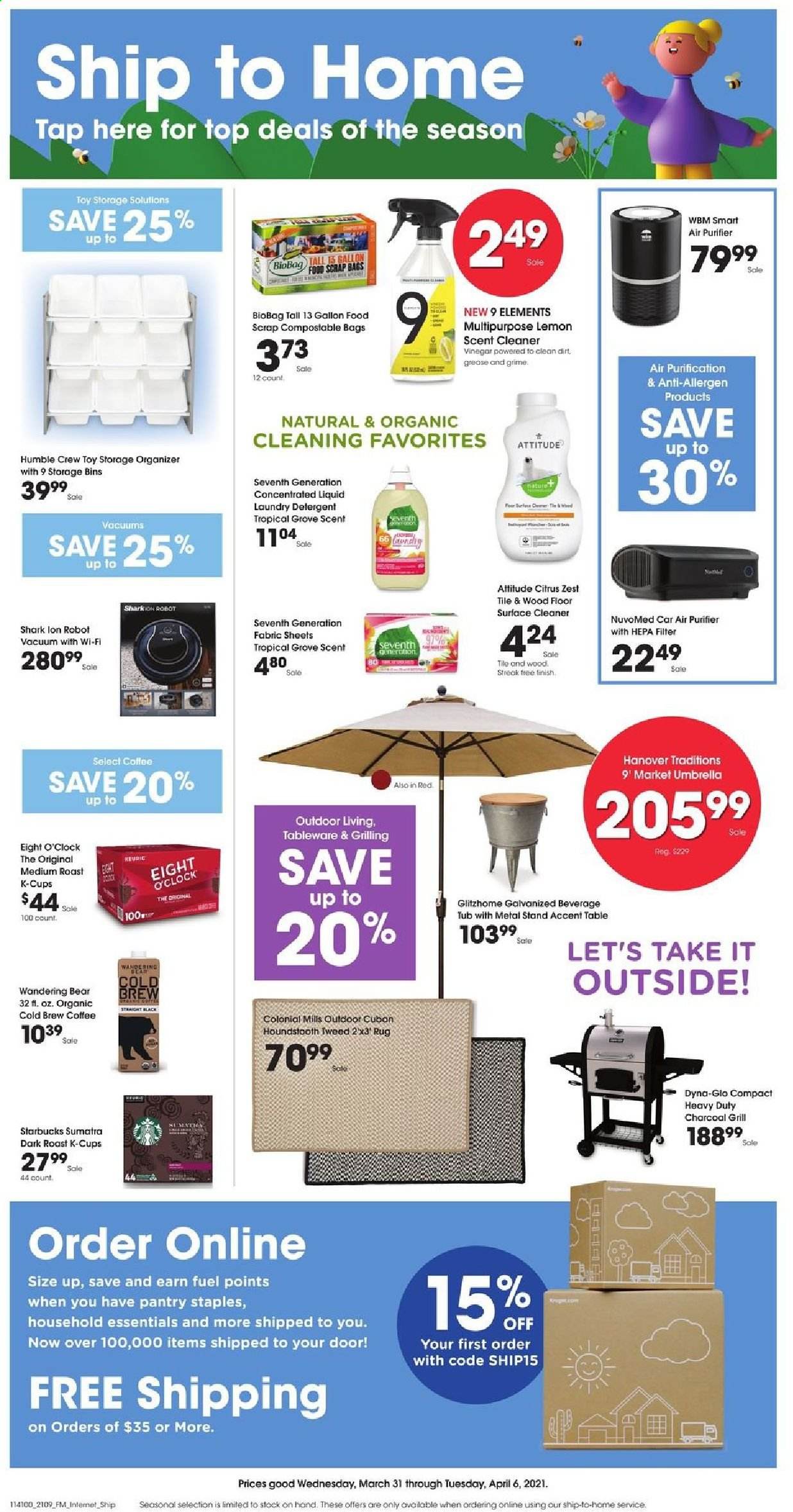 thumbnail - Fry’s Flyer - 03/31/2021 - 04/06/2021 - Sales products - vinegar, coffee, Starbucks, coffee capsules, K-Cups, Eight O'Clock, detergent, cleaner, laundry detergent, tableware, air purifier, vacuum cleaner. Page 1.