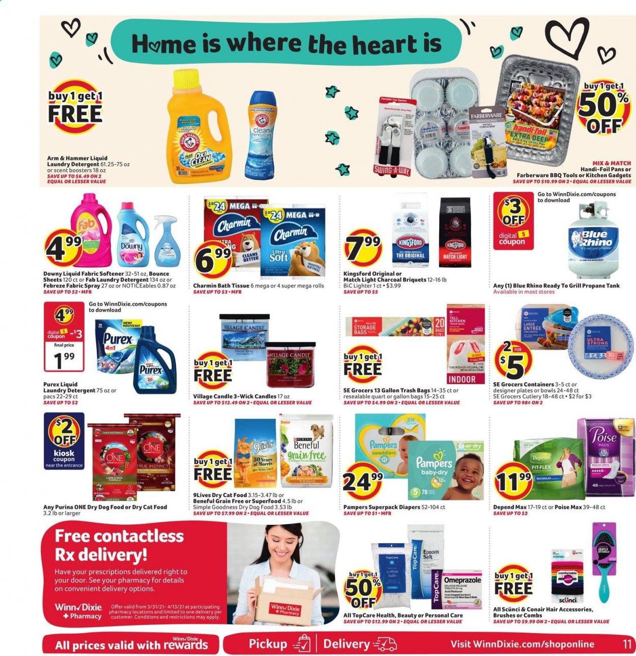 thumbnail - Winn Dixie Flyer - 03/31/2021 - 04/06/2021 - Sales products - ARM & HAMMER, salt, Pampers, bath tissue, cotton balls, Charmin, detergent, Febreze, fabric softener, Fab, laundry detergent, Bounce, scent booster, Purex, Scünci, BIC, trash bags, storage bag, plate, pan, candle, tank, animal food, cat food, dog food, Purina, 9lives, dry dog food, dry cat food. Page 20.