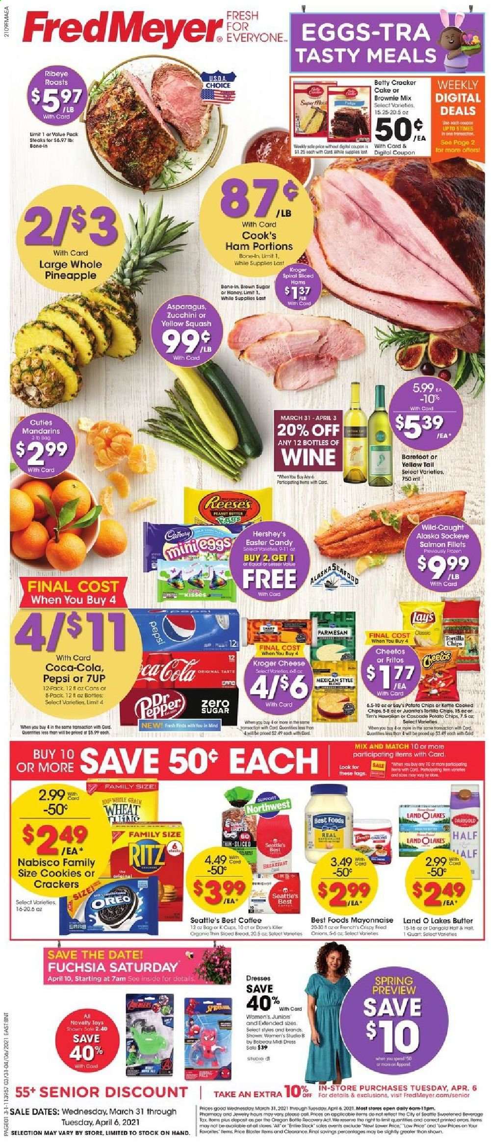 thumbnail - Fred Meyer Flyer - 03/31/2021 - 04/06/2021 - Sales products - zucchini, brownie mix, cake, salmon, salmon fillet, fish, ham, parmesan, cheese, Oreo, eggs, butter, mayonnaise, Reese's, Hershey's, cookies, crackers, Cadbury, RITZ, tortilla chips, potato chips, Cheetos, chips, Lay’s, cane sugar, mandarines, Fritos, Coca-Cola, Pepsi, 7UP, coffee, wine, Cook's, steak, toys, asparagus, pineapple, onion. Page 1.