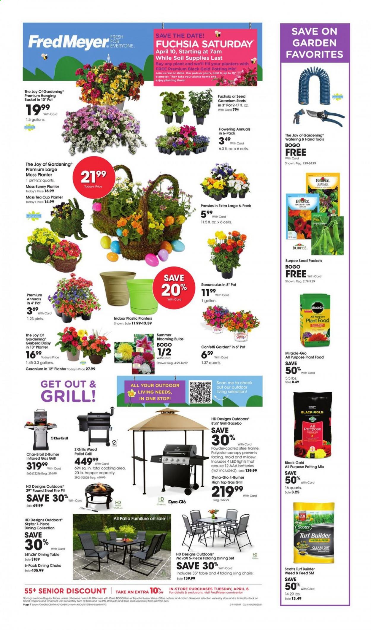thumbnail - Fred Meyer Flyer - 03/31/2021 - 04/06/2021 - Sales products - sugar, Planters, Joy, basket, pot, cup, tea cup, bulb, AAA batteries, plant seeds, gerbera, potting mix, turf builder, charcoal, mesclun. Page 1.