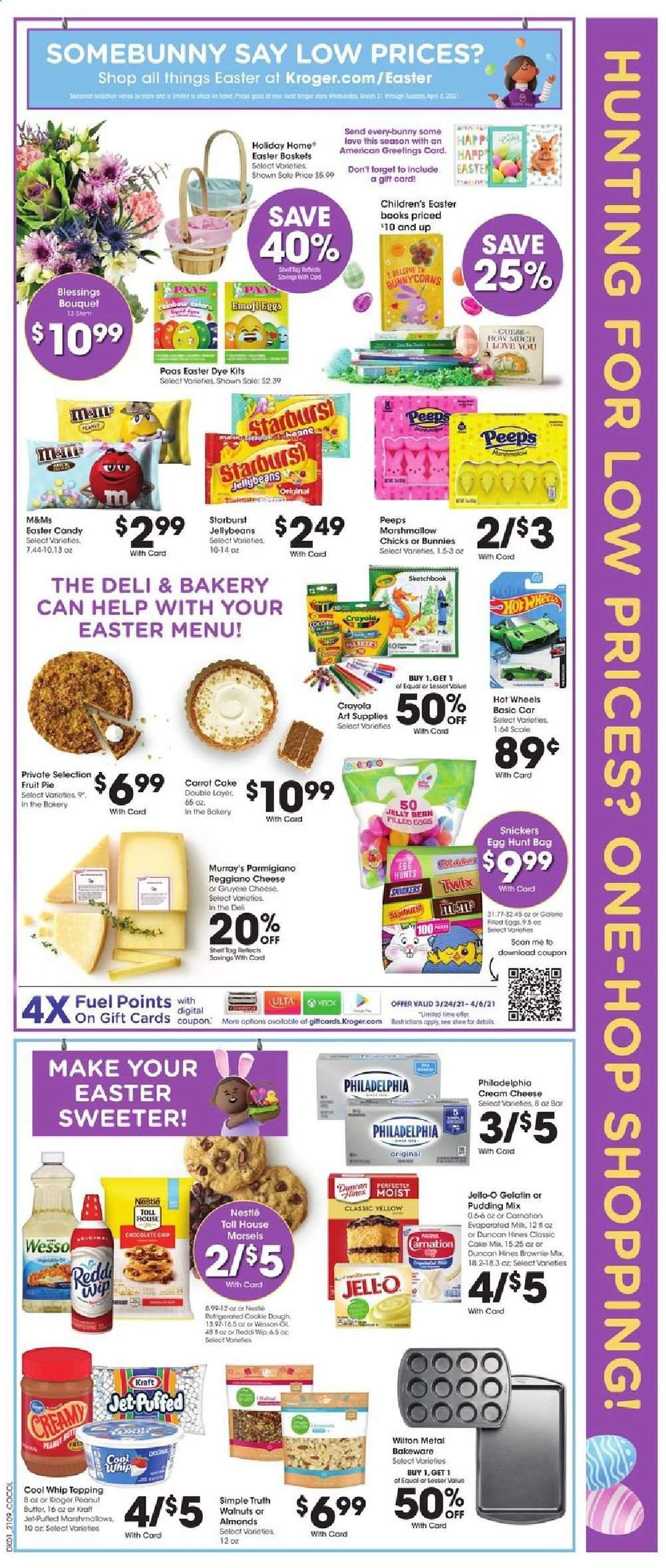 thumbnail - Kroger Flyer - 03/31/2021 - 04/06/2021 - Sales products - easter basket, brownie mix, cake, pie, cream cheese, Kraft®, Gruyere, Philadelphia, Parmigiano Reggiano, pudding, jelly, milk, eggs, Cool Whip, cookie dough, marshmallows, Nestlé, Snickers, Twix, Starburst, Peeps, topping, Jell-O, peanut butter, almonds, walnuts, Jet, Guess, basket, pan, bakeware, crayons, book, gelatin, bag, Hot Wheels, bouquet. Page 2.