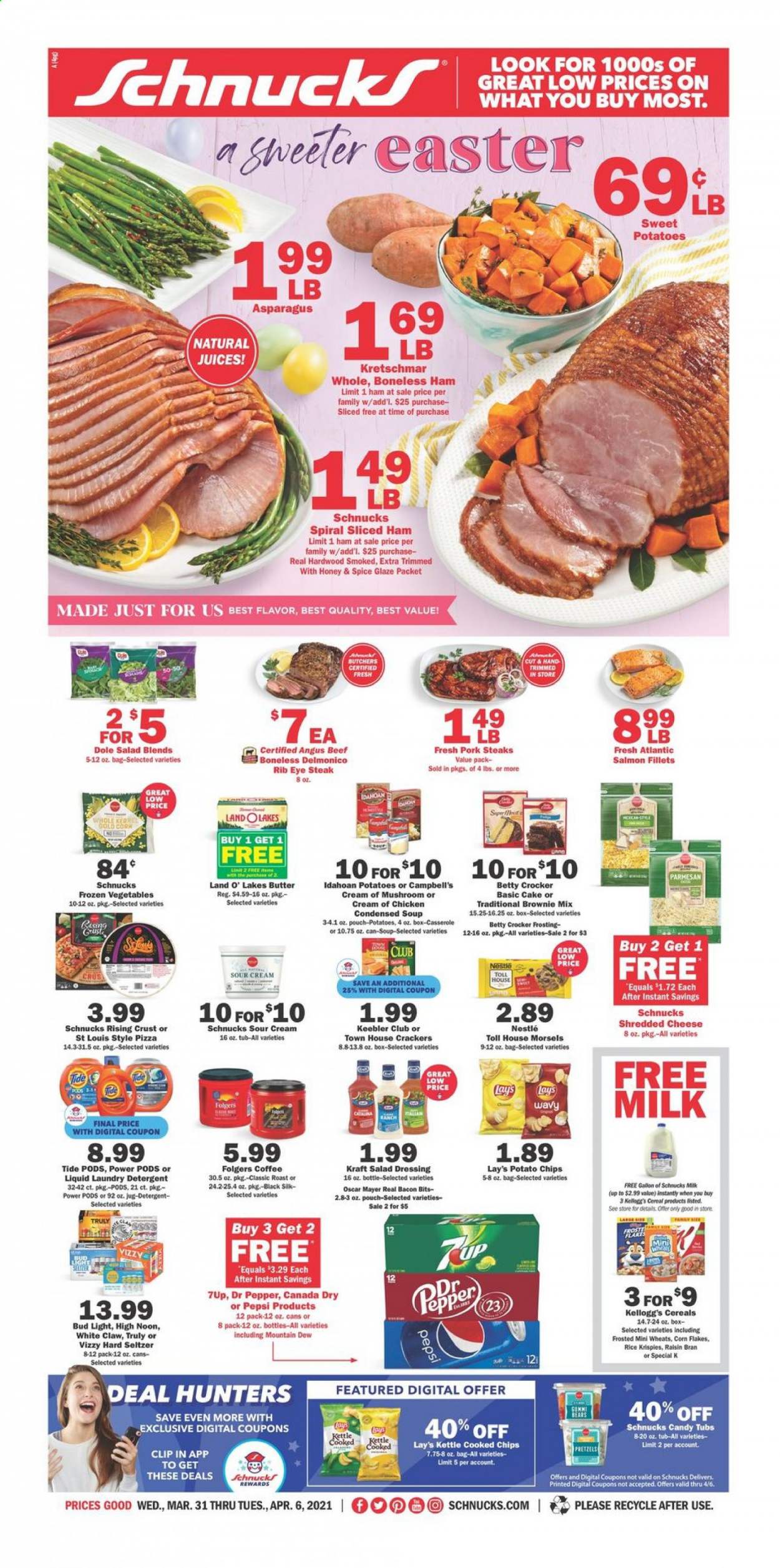 thumbnail - Schnucks Flyer - 03/31/2021 - 04/06/2021 - Sales products - mushrooms, sweet potato, Dole, pretzels, brownie mix, cake, salmon, salmon fillet, Campbell's, pizza, condensed soup, soup, Kraft®, ham, Oscar Mayer, shredded cheese, parmesan, milk, Silk, butter, sour cream, frozen vegetables, Nestlé, crackers, Kellogg's, Keebler, potato chips, Lay’s, frosting, bacon bits, cereals, corn flakes, Rice Krispies, Raisin Bran, salad dressing, dressing, Canada Dry, Mountain Dew, Pepsi, juice, Dr. Pepper, 7UP, seltzer water, coffee, Folgers, White Claw, Hard Seltzer, TRULY, beer, Bud Light, beef meat, steak, ribeye steak, pork chops, pork meat, detergent, Tide, laundry detergent, asparagus. Page 1.