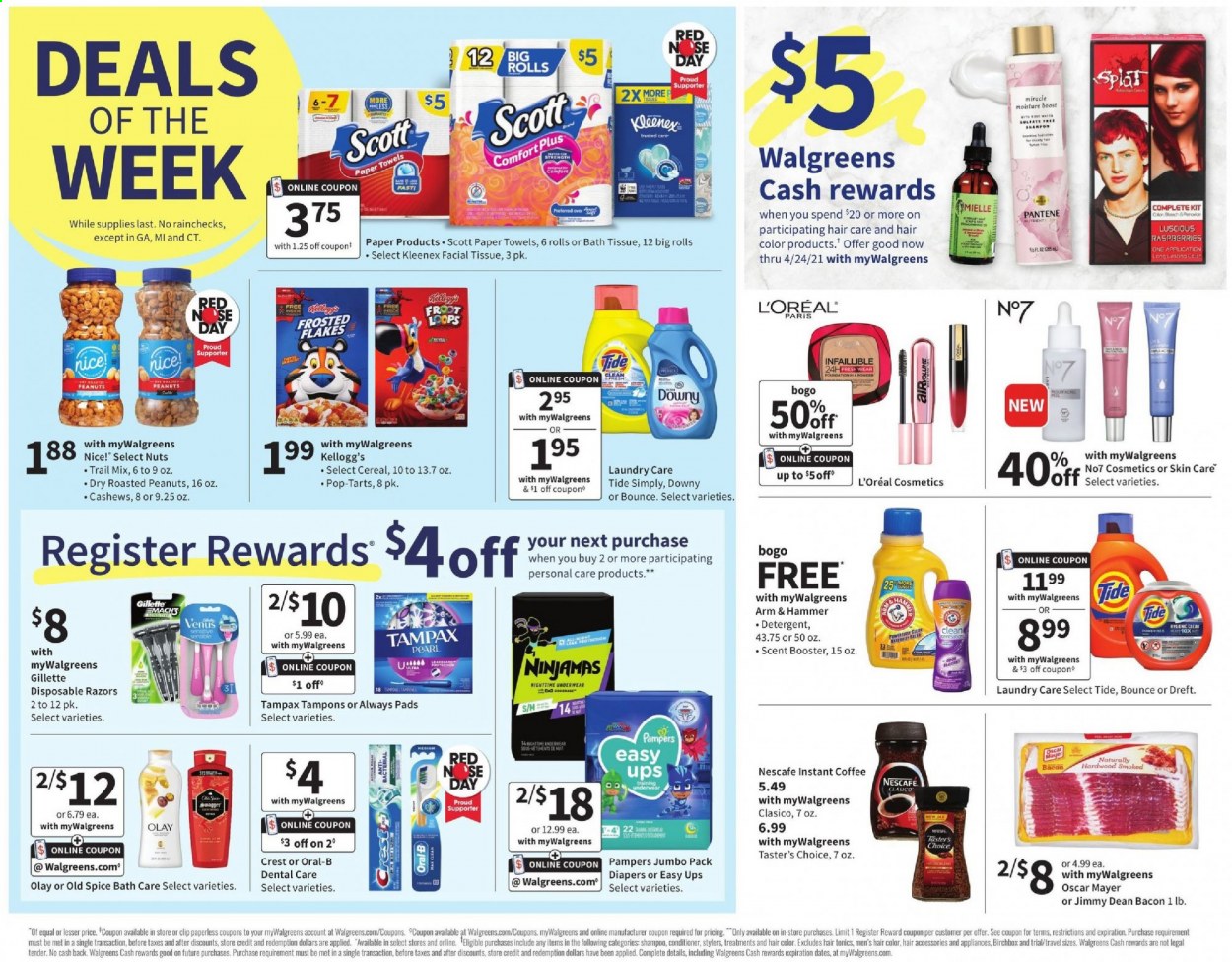 thumbnail - Walgreens Flyer - 04/04/2021 - 04/10/2021 - Sales products - Scott, Jimmy Dean, bacon, Oscar Mayer, Kellogg's, Pop-Tarts, Nice!, ARM & HAMMER, cereals, cashews, roasted peanuts, peanuts, dried dates, instant coffee, Nescafé, Pampers, nappies, bath tissue, Kleenex, kitchen towels, paper towels, detergent, Tide, Bounce, Old Spice, Oral-B, Crest, Tampax, Always pads, tampons, L’Oréal, Olay, conditioner, Pantene, hair color, Mielle, Gillette, disposable razor. Page 2.
