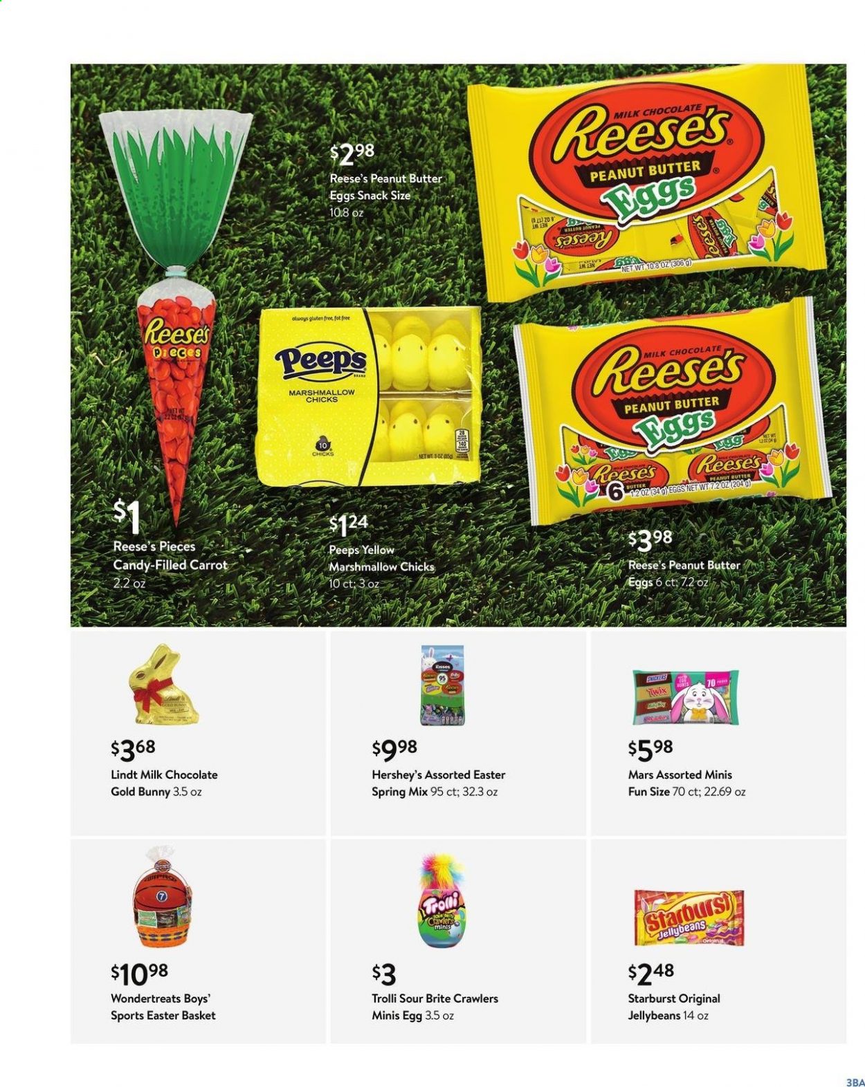 thumbnail - Walmart Flyer - 03/31/2021 - 04/04/2021 - Sales products - eggs, Reese's, Hershey's, marshmallows, milk chocolate, chocolate, Trolli, Lindt, Mars, Starburst, Peeps, snack, peanut butter, Brite. Page 3.